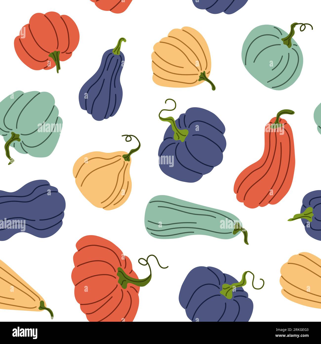 Seamless pattern with hand drawn pumpkins in flat style. Autumn texture for thanksgiving, harvest and halloween. Vector Illustration isolated on a Illustrazione Vettoriale