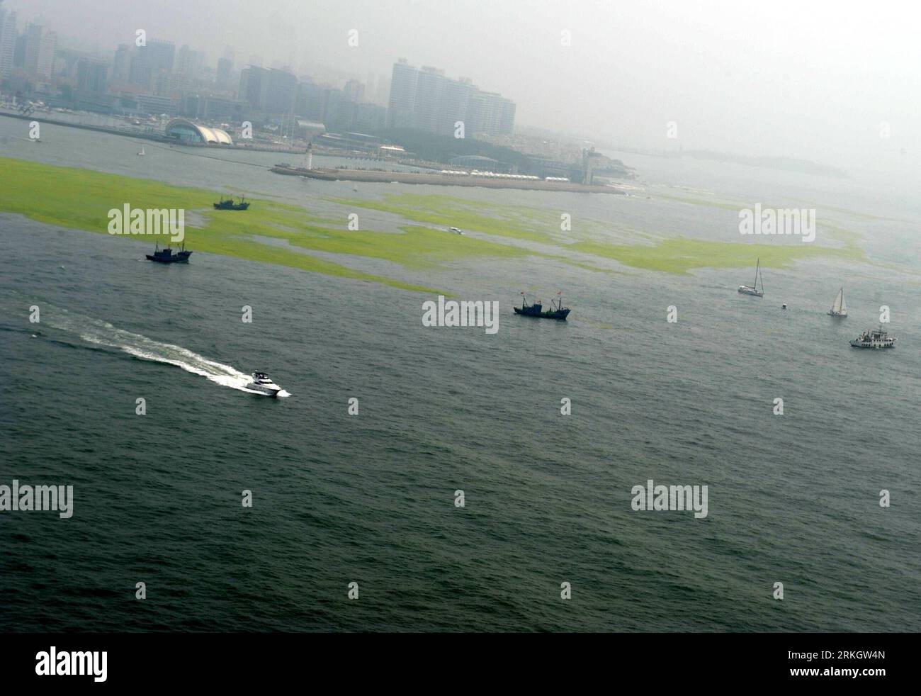 Bildnummer: 55618672 Datum: 26.07.2011 Copyright: imago/Xinhua (110726) -- QINGDAO, 26 luglio 2011 (Xinhua) -- foto scattata il 26 luglio 2011 mostra il mare e le alghe al largo della costa di Qingdao, nella provincia dello Shandong della Cina orientale. Il North China Sea Marine Forecasting Center of State Oceanic Administration prevedeva che le alghe verdi avrebbero continuato a diffondersi verso nord e alcune sarebbero state lavate a terra dal luglio 26 al 28. (Xinhua/li Ziheng) (zhs) CHINA-QINGDAO-ALGHE (CN) PUBLICATIONxNOTxINxCHN Gesellschaft Meer Küste Algen Alge Grünalge Grünalgen Algenplage totale xbs x0x premiumd 2011 quer Foto Stock