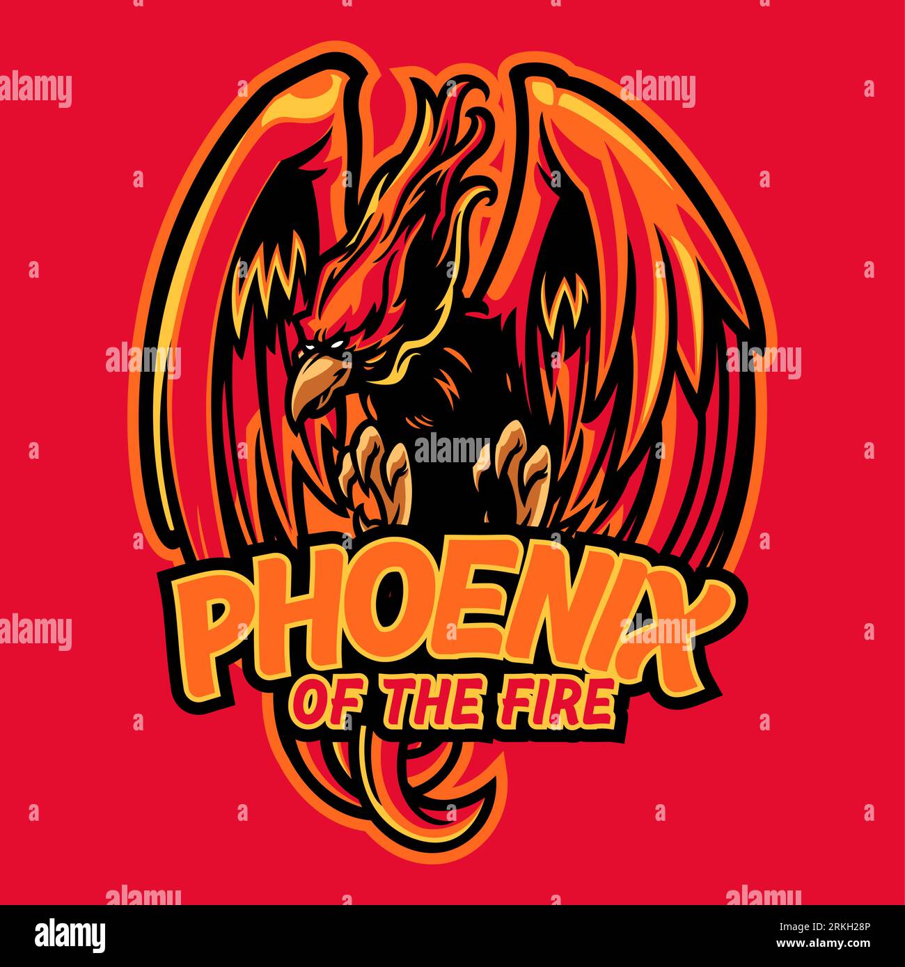 Logo della mascotte Phoenix on Fire. Logo della mascotte Red Phoenix per la squadra di e-sport. Illustrazione del vettore di mascotte di uccelli mitologici per gam Illustrazione Vettoriale