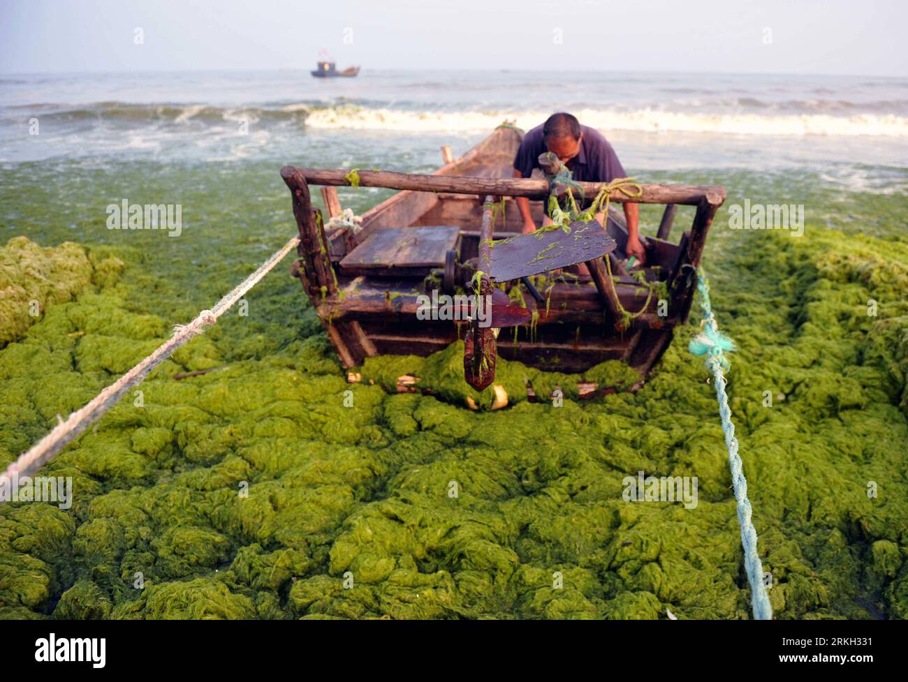 Bildnummer: 55679984 Datum: 05.08.2011 Copyright: imago/Xinhua (110805) - JINAN, 5 agosto 2011 (Xinhua) - Un uomo rimuove alghe verdi dalla sua barca sulla riva del mare nella città di Haiyang, nella provincia dello Shandong della Cina orientale, 5 agosto 2011. Negli ultimi giorni le alghe verdi hanno continuato a diffondersi verso nord sulla costa orientale della Cina. (Xinhua/Fang Yi) (ry) CHINA-SHANDONG-HAIYANG-GREEN ALGAE (CN) PUBLICATIONxNOTxINxCHN Gesellschaft Meer Küste Algen Grünalgen Algenplage Strand xbs x0x premiumd 2011 quer Bildnummer 55679984 Data 05 08 2011 Copyright Imago XINHUA Jinan Aug 5 2011 XINHUA a Man rimuove Green Alga Foto Stock