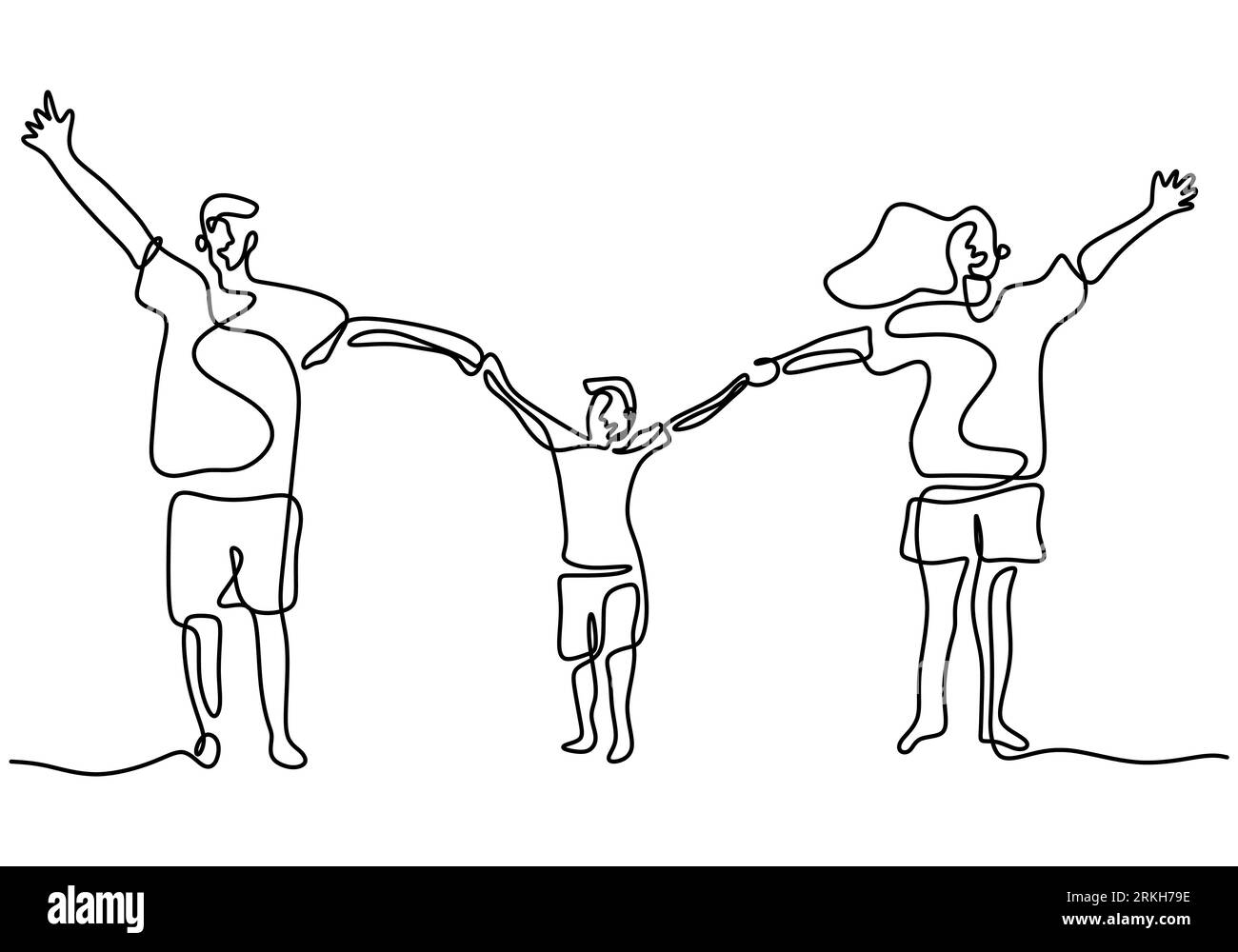 Un disegno continuo di famiglia felice padre, madre e loro figlio che giocano e saltano insieme per esprimere la loro felicità. Buon paren di famiglia Illustrazione Vettoriale