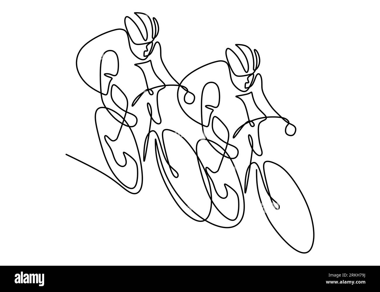 Un disegno continuo della corsa di ciclisti giovani e energici sulla pista ciclabile. Concetto di ciclista da corsa. Design a disegno manuale per tornei di ciclismo Illustrazione Vettoriale