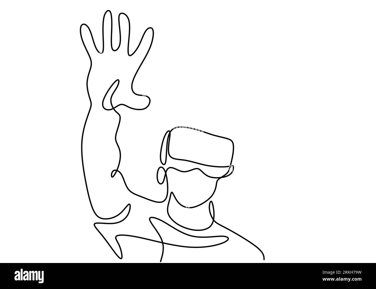 Un disegno continuo di un uomo che raggiunge un obiettivo mentre gioca a un videogame di simulazione. Giovane maschio che indossa un casco occhiali di realtà virtuale isolati su W Illustrazione Vettoriale