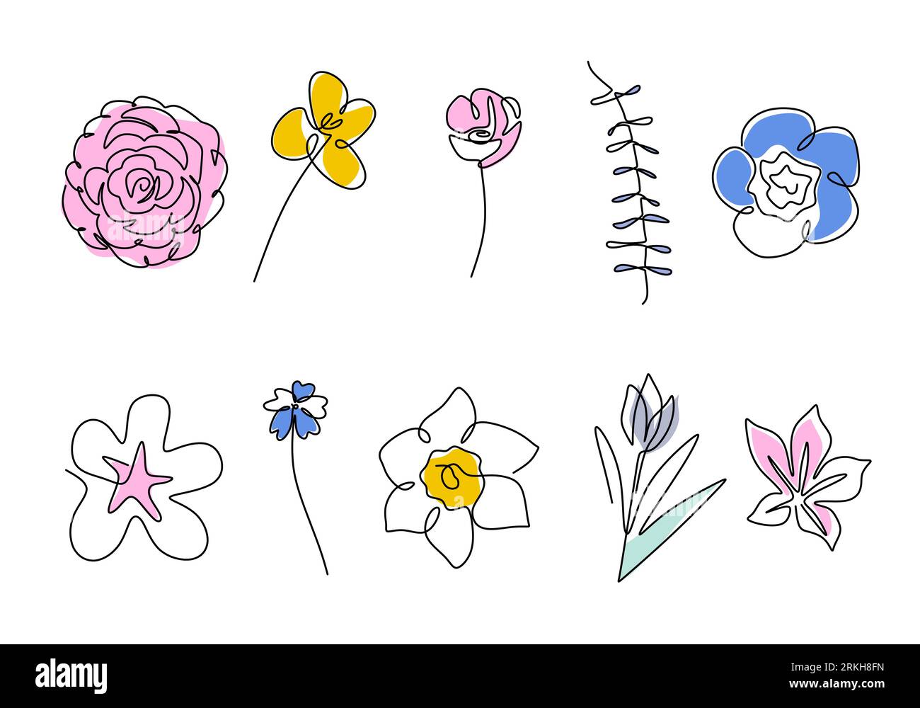 Set di disegno continuo a una linea di bellissimi fiori in diversi tipi come camelia, tulipani, papavero, sakura, azalea, nahonana, nemofilia, shi Illustrazione Vettoriale
