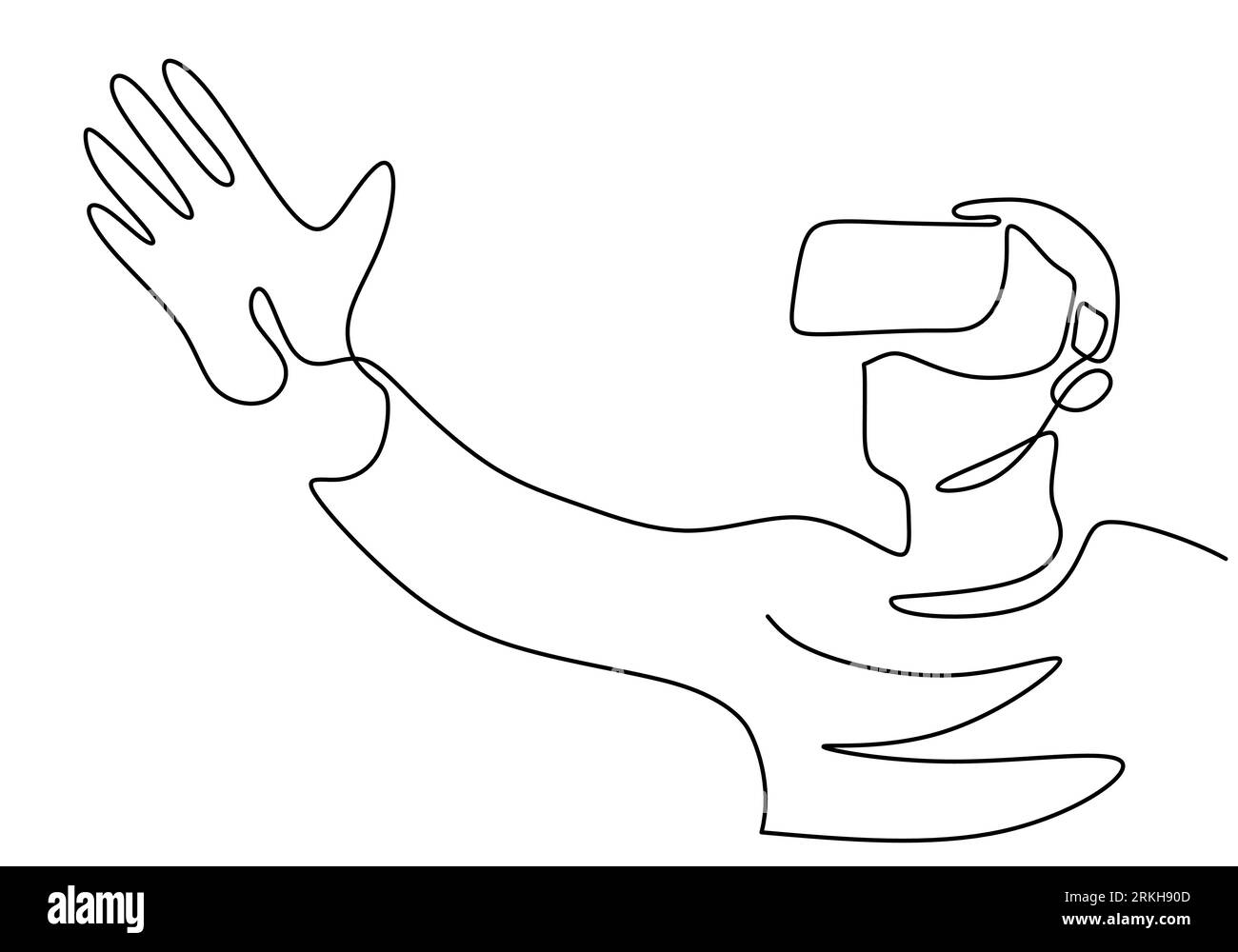 Un disegno continuo di un uomo che raggiunge un obiettivo mentre gioca a un videogame di simulazione. Giovane maschio che indossa un casco occhiali di realtà virtuale isolati su W Illustrazione Vettoriale