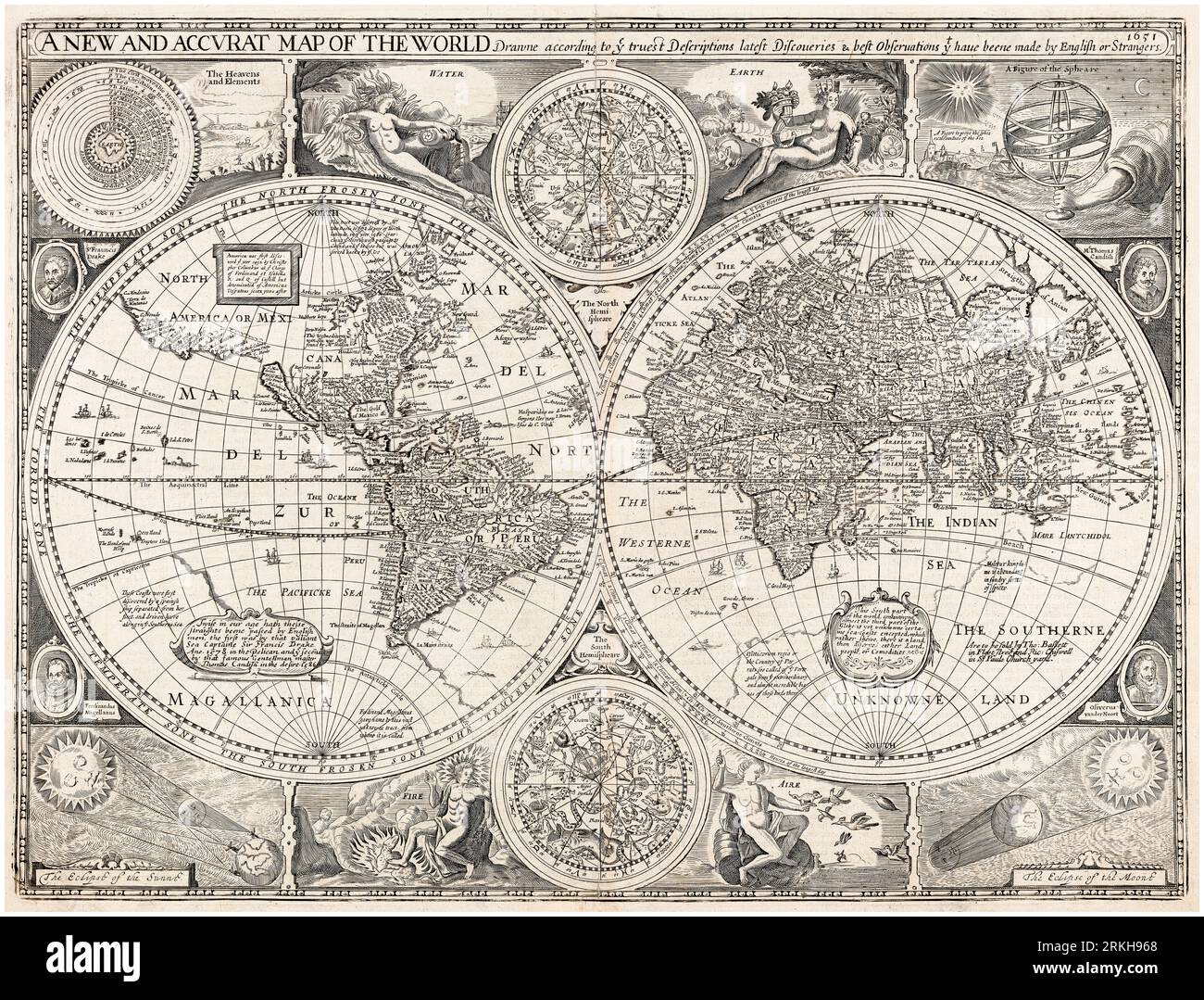 17th Century Vintage World Map, A New and accurate Map of the World, di John Speed, 1676 Foto Stock