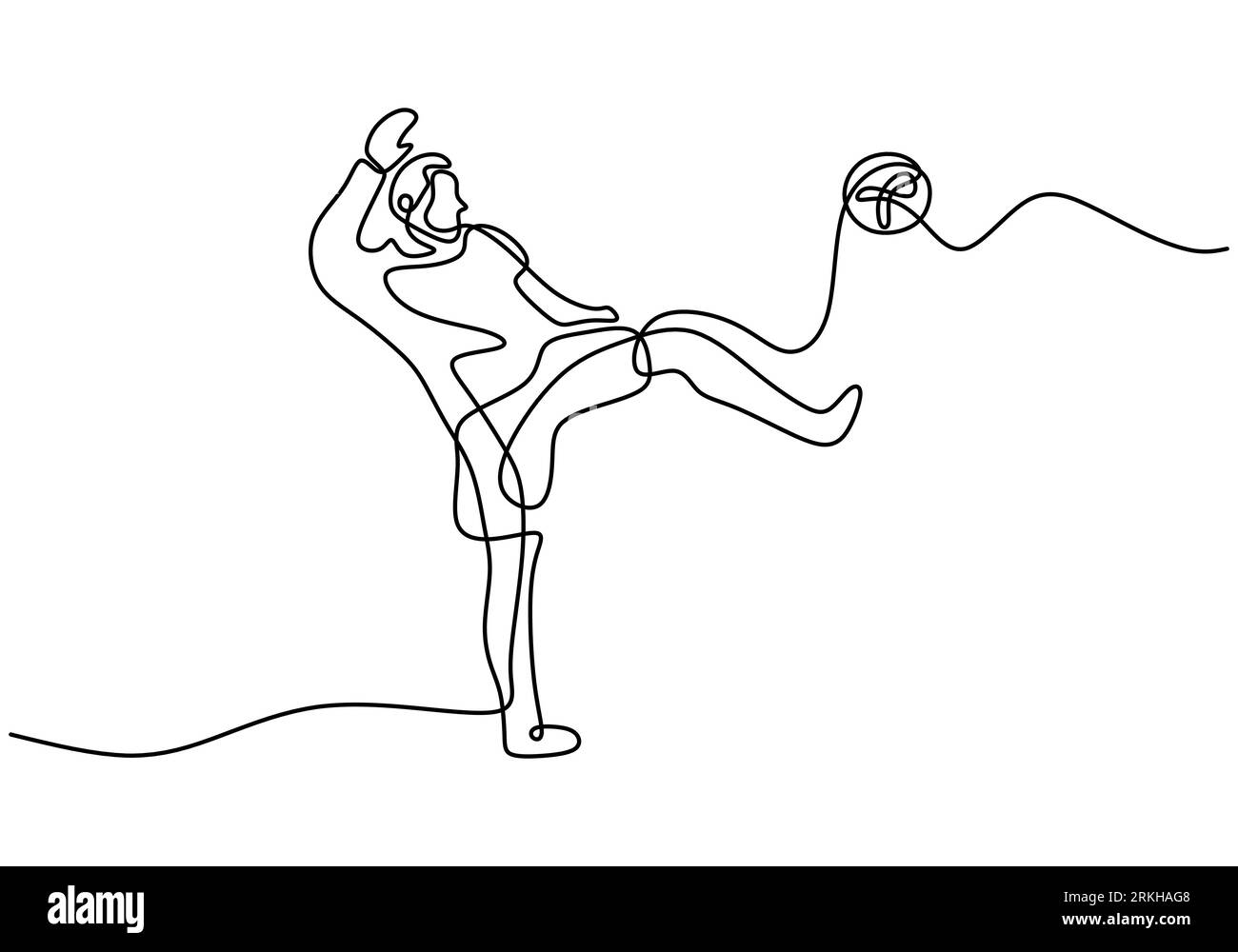 Un giocatore di calcio maschile con pantaloncini corti continua a disegnare la palla. Giovane ragazzo energico che gioca a calcio con stile libero. Partite di calcio sport c Illustrazione Vettoriale