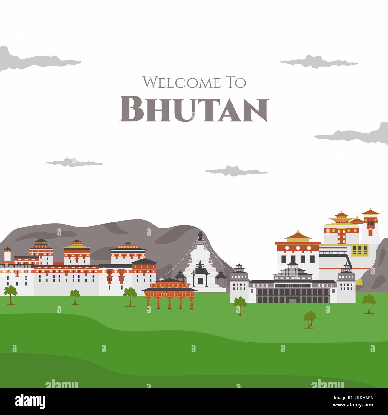 Benvenuti nell'illustrazione di Buthan Vector Flat. Tra gli edifici storici si annoverano Paro Taktsang, Punakha Dzong, Tashichhoedzong, National Memorial Chhorten Illustrazione Vettoriale