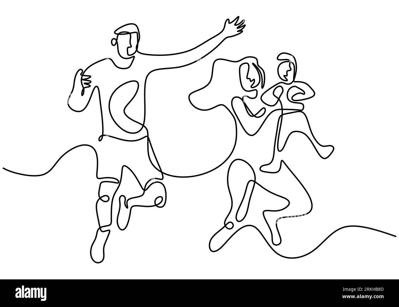 Un disegno continuo di famiglia felice padre, madre e loro figlio che giocano e saltano insieme per esprimere la loro felicità. Buon paren di famiglia Illustrazione Vettoriale
