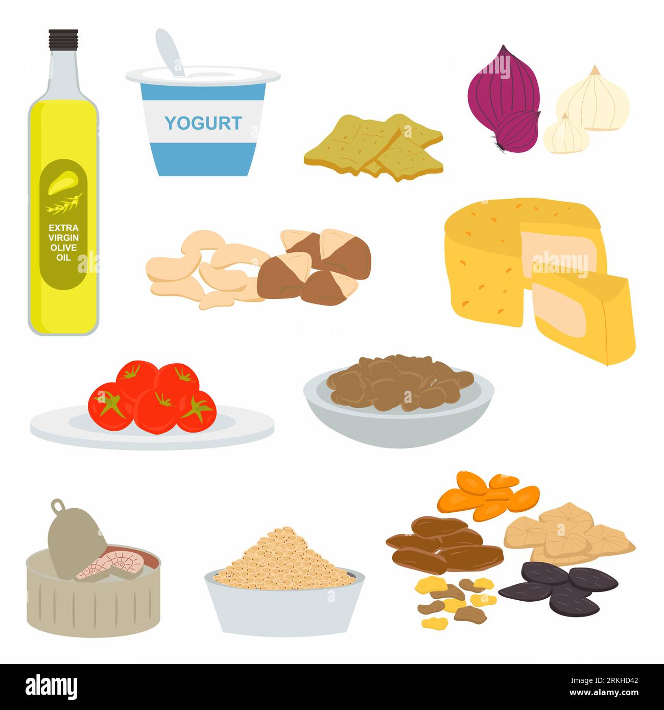 Piatto di prodotti della dieta mediterranea. Cibo e cucina adriatica isolati su sfondo bianco. Stile di vita sano mediterraneo. Collec. Vettoriale Illustrazione Vettoriale