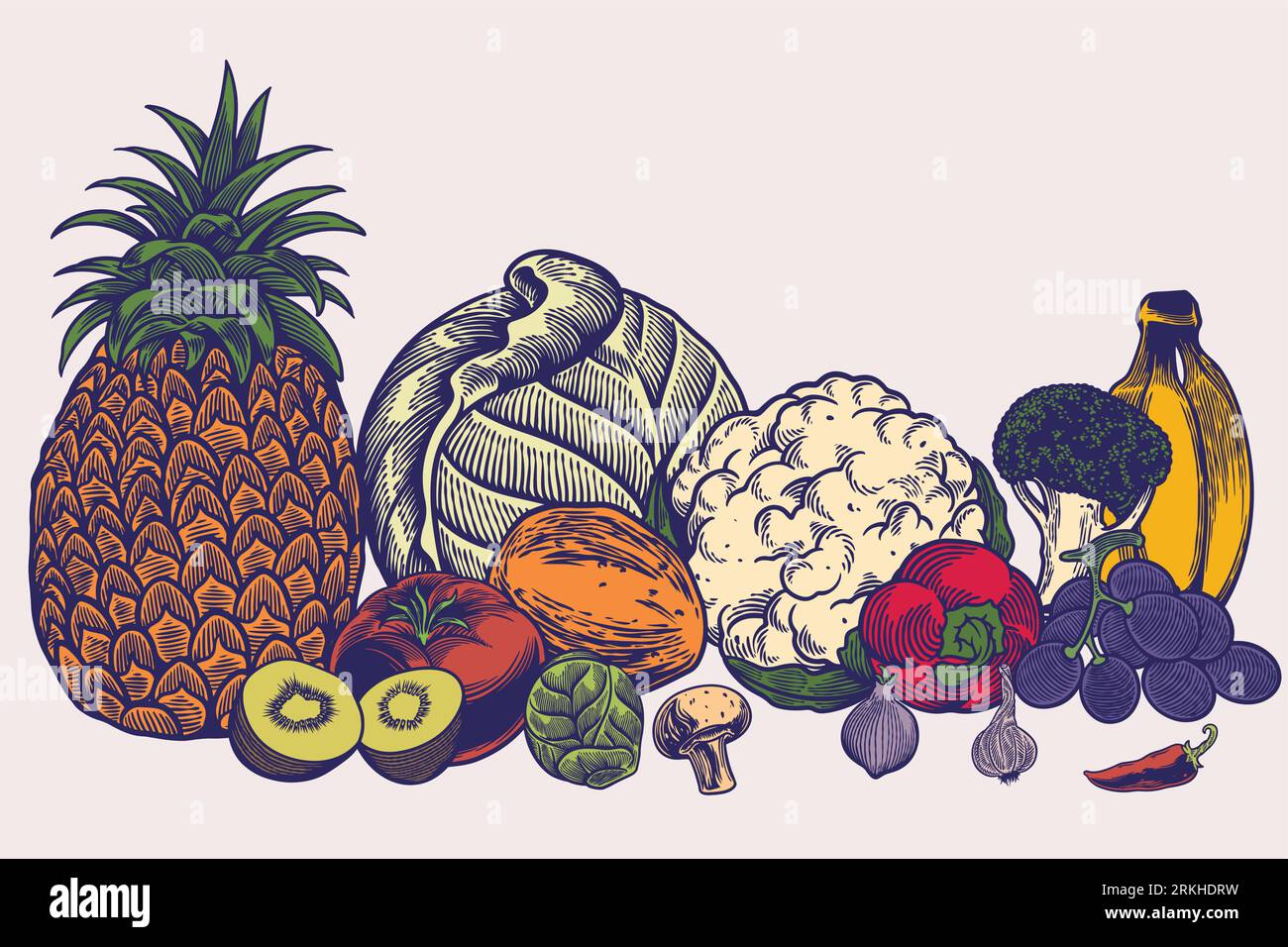 Grande collezione di schizzi disegnati a mano modelli di vegani che dieta pasto vegetariano naturale frullato cocktail cereali verdure frui Illustrazione Vettoriale