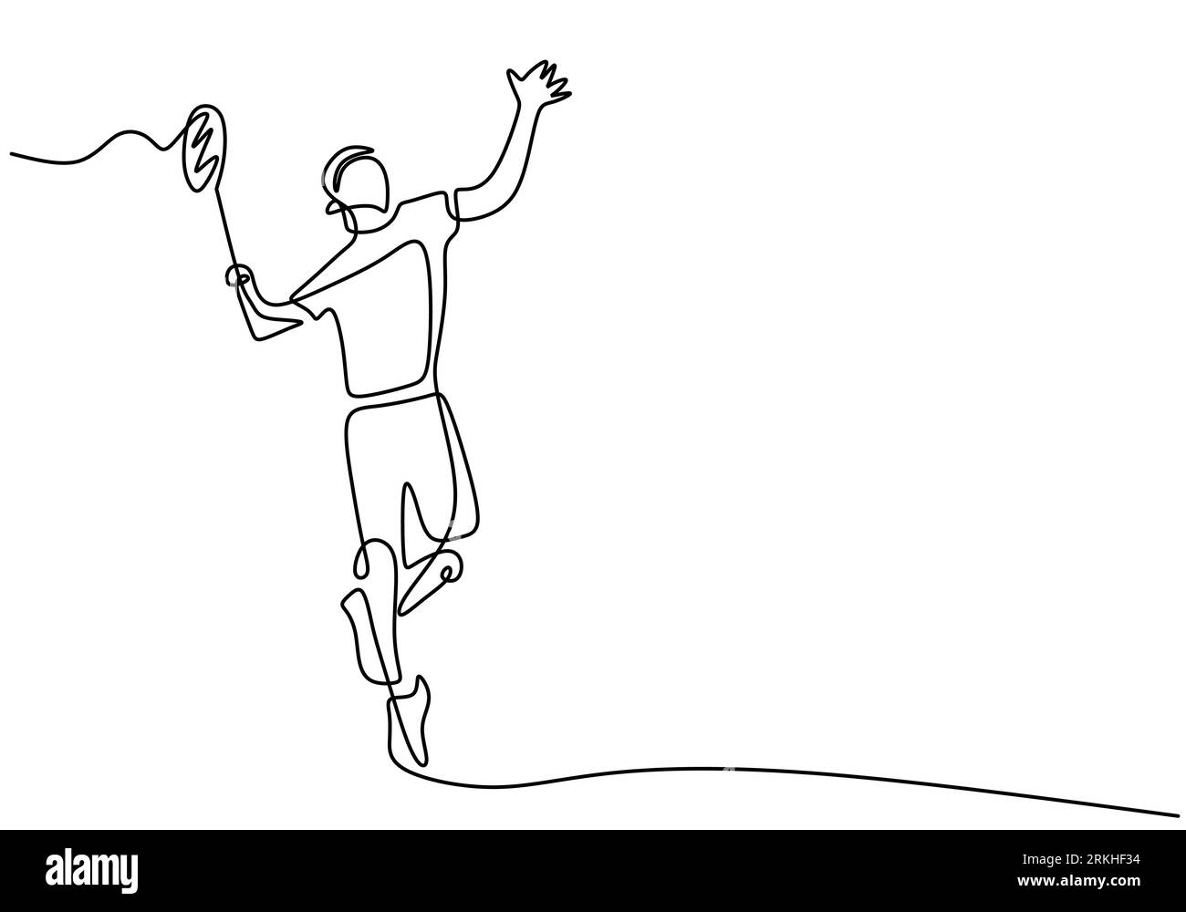 Disegno continuo di un giovane atleta che gioca a badminton. Un uomo salta e colpisci il volano con la racchetta. Design sportivo competitivo disegnato a mano Illustrazione Vettoriale