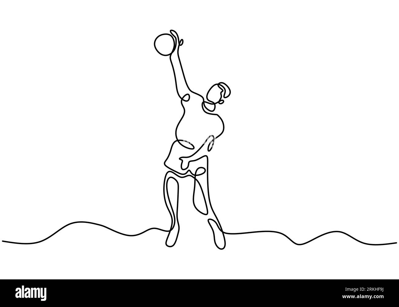 Disegno continuo di un giovane ed energico giocatore di pallavolo maschile in azione che salta sul campo. Un uomo professionista salta per lanciare la palla. Vettore i Illustrazione Vettoriale