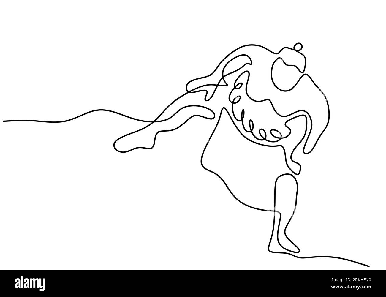 Disegno a linea continua di un giovane sumo giapponese grassa posa al centro palestra dell'arena isolato su sfondo bianco. Tradizionale festival marti Illustrazione Vettoriale