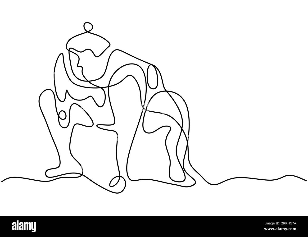 Disegno a linea continua di un giovane sumo giapponese grassa posa al centro palestra dell'arena isolato su sfondo bianco. Tradizionale festival marti Illustrazione Vettoriale