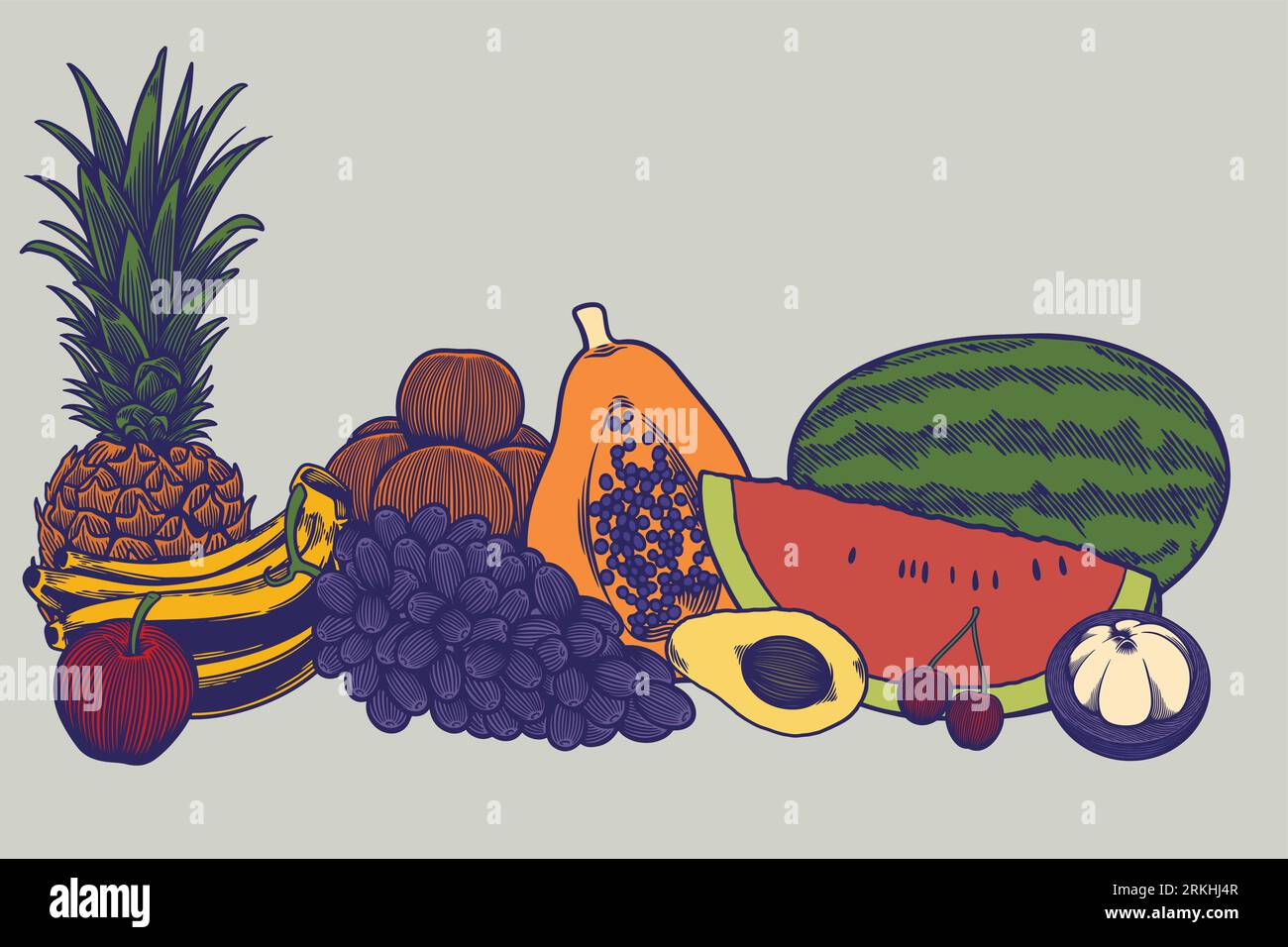 Grande collezione di schizzi colorati disegnati a mano, modelli di vegani che dietono pasto naturale vegetariano nutrizione frullato di verdure e frutta. In salute Illustrazione Vettoriale