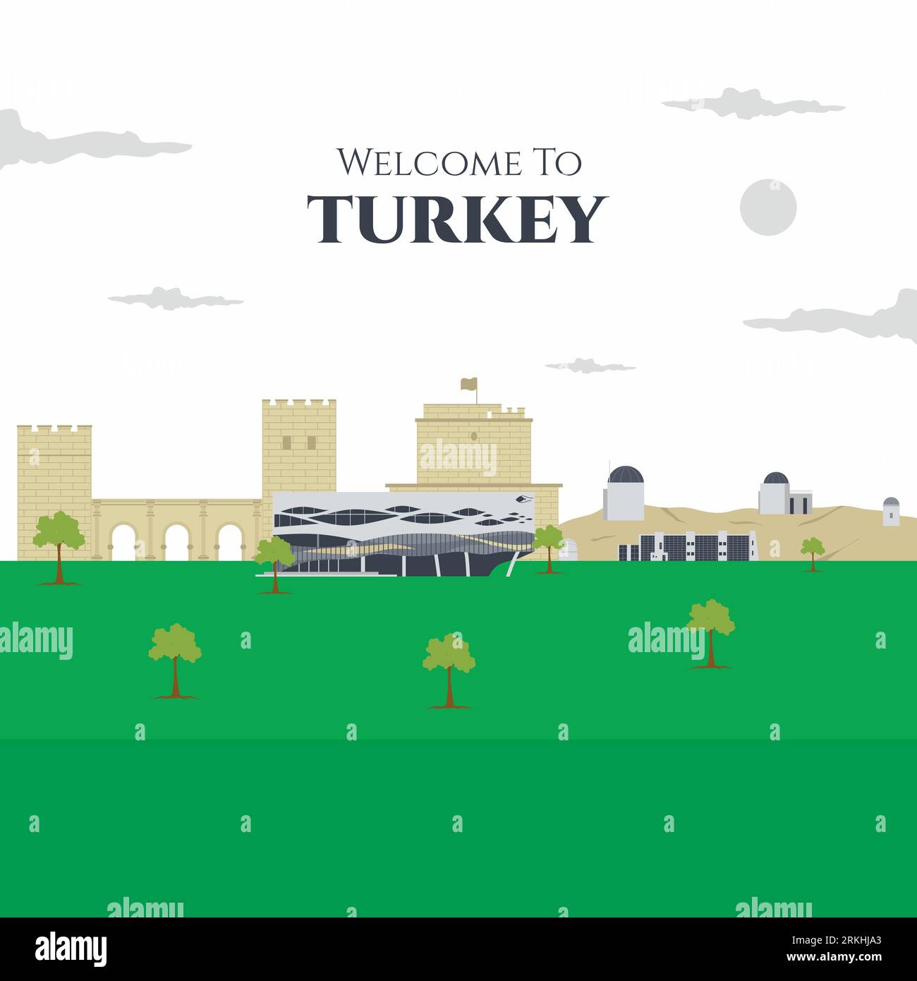 Famosi edifici turchi. Benvenuto in Turchia. Un'ottima destinazione per le vacanze. Illustrazione vettoriale in stile piatto per viaggi e attrazioni turistiche. Tra Illustrazione Vettoriale