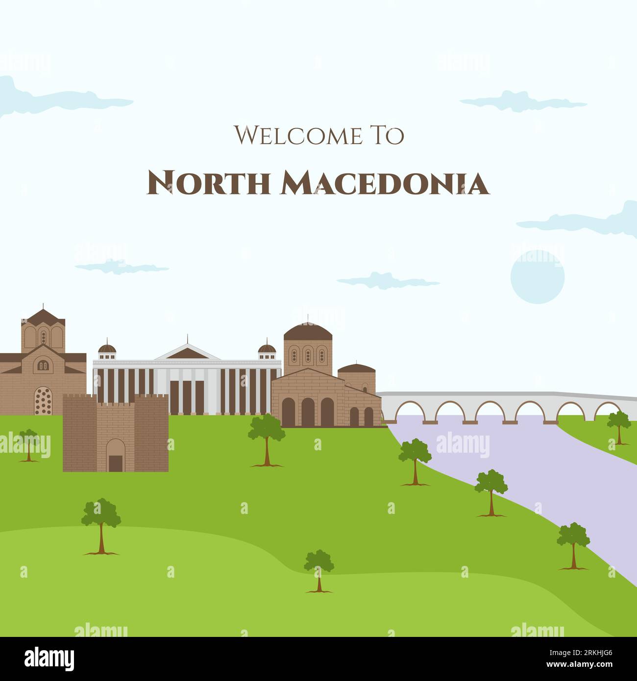 Benvenuti nell'illustrazione piatta vettoriale della Macedonia del Nord con famosi edifici storici come St Giovanni il Teologo, Fortezza di Samoil, Monastero di San Illustrazione Vettoriale