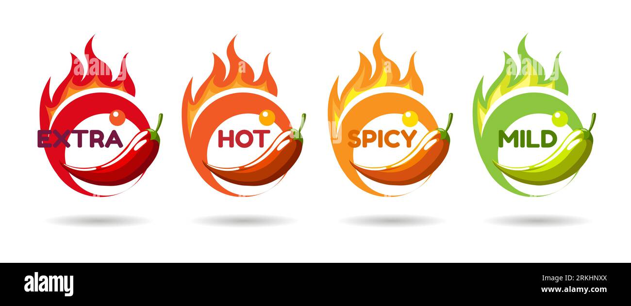 Set di etichette Hot Chili Pepper. Peppers with Fire Flames Spicy Food emblemi per salsa e ketchup isolati su bianco. Illustrazione vettoriale. Illustrazione Vettoriale