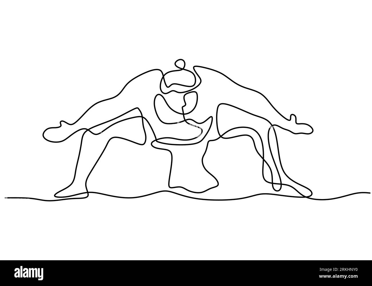 Disegno a linea continua di un giovane sumo giapponese grassa posa al centro palestra dell'arena isolato su sfondo bianco. Tradizionale festival marti Illustrazione Vettoriale