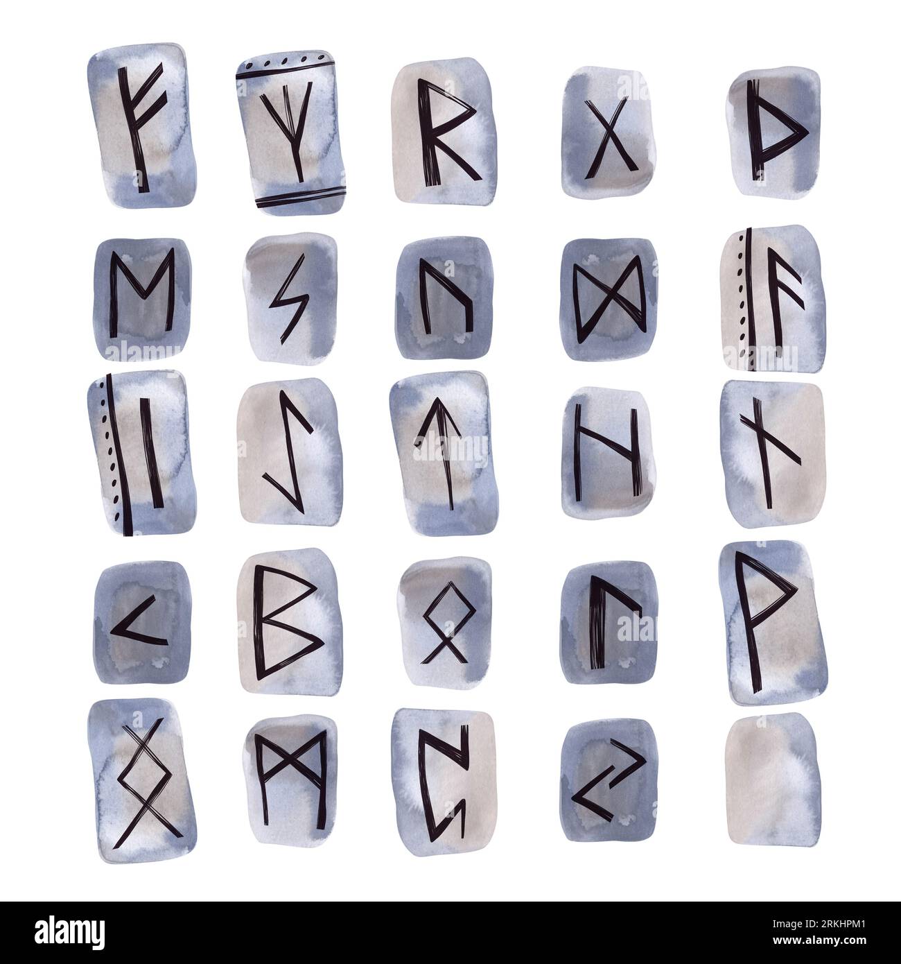 Rune scandinave scolpite sulla pietra. Insieme di divinazione. Gruppo di elementi ad acquerello su sfondo bianco. Clipart. Illustrazione raster per la progettazione di Foto Stock