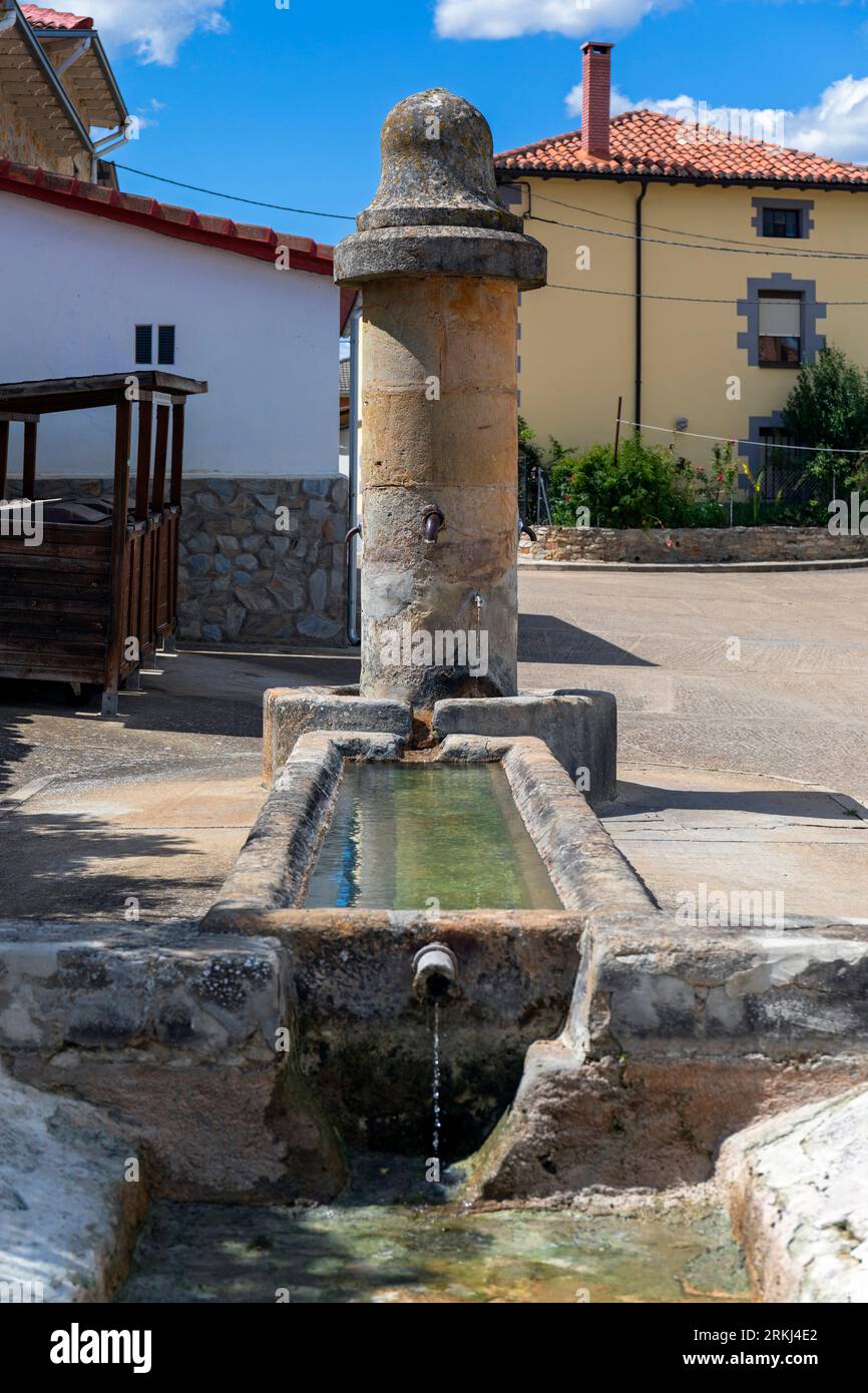 Europa, Spagna, Castiglia e León, Olleros de Pisuerga, Vecchia Fontana d'acqua in Calle Mayor Ollé Foto Stock