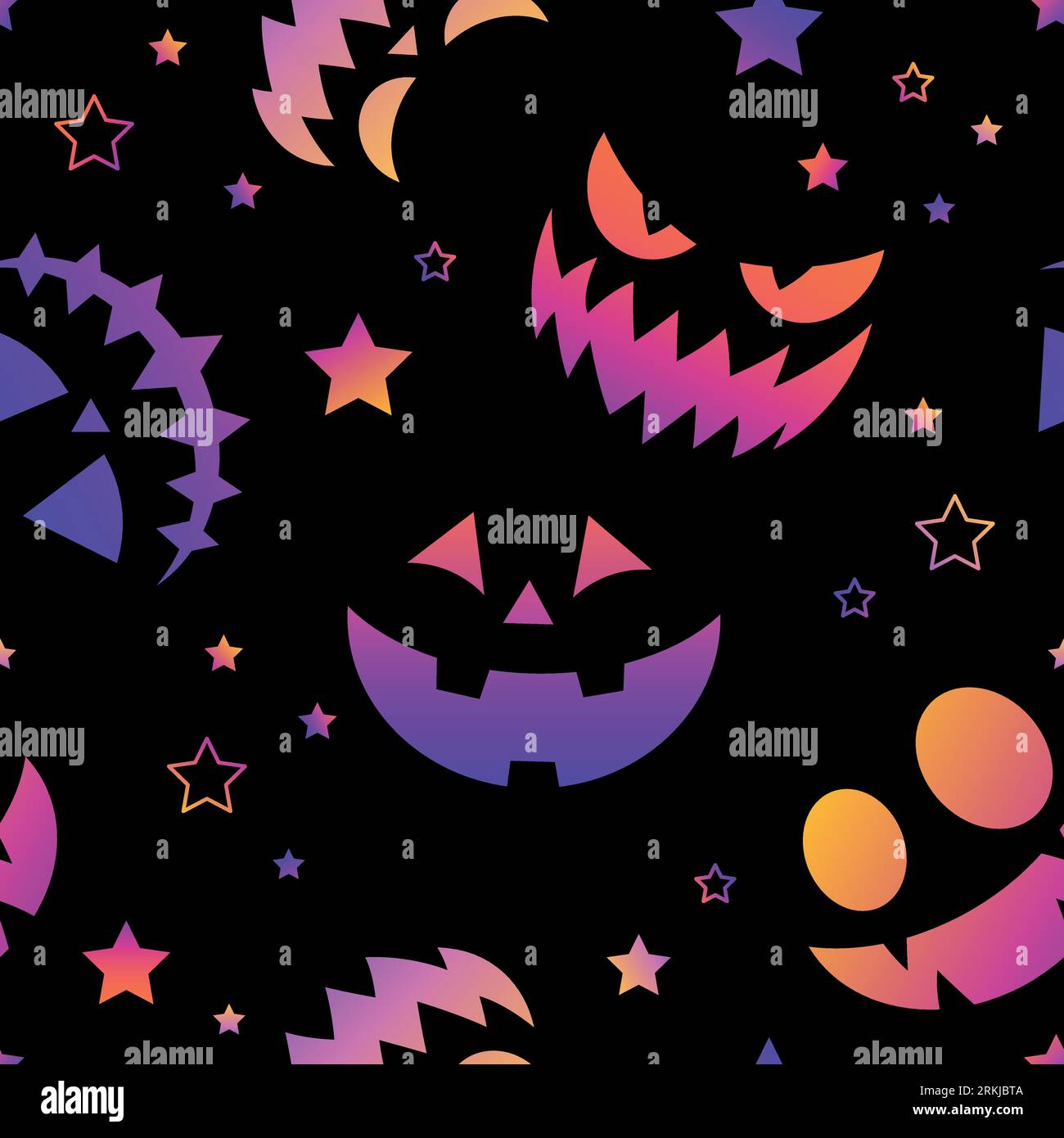 Motivo Halloween senza cuciture con sfondo nero e volti in zucca al neon scolpiti. Illustrazione Vettoriale