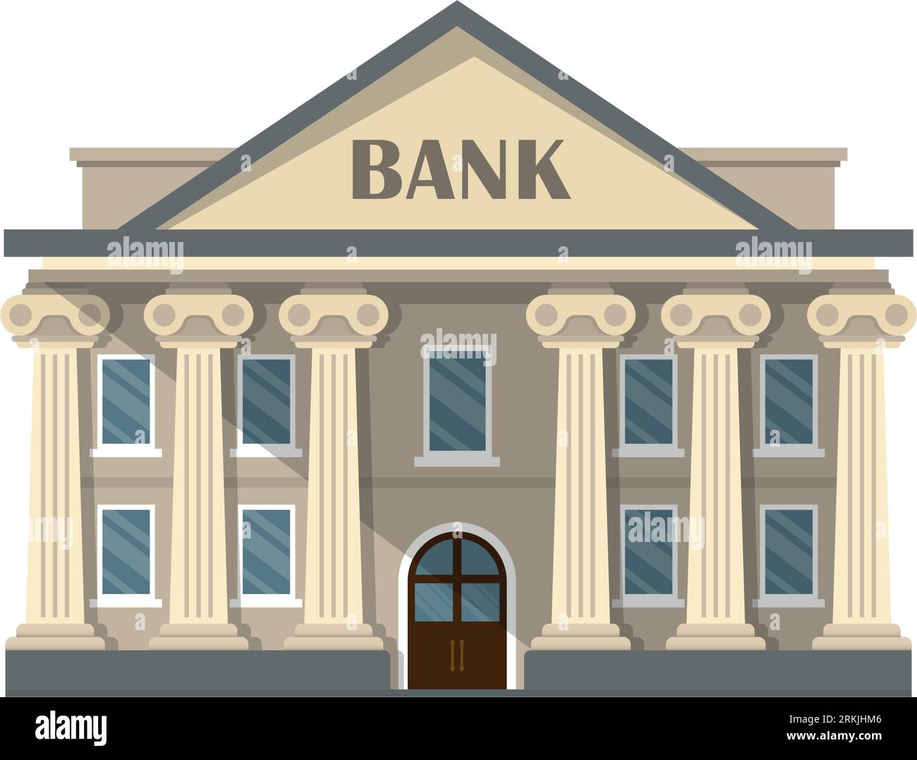 Icona di un edificio di banche in stile piatto. Illustrazione dei vettori del dipartimento di finanziamento su sfondo isolato. Tribunale con colonne che indicano il concetto di business. Illustrazione Vettoriale