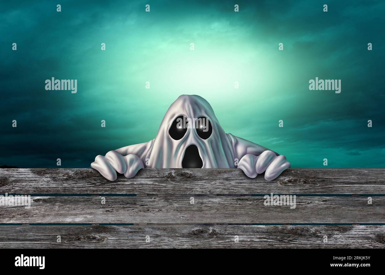 Halloween Ghost background e eerieGhosts nei panni di un mostro spaventoso che sbircia nei panni di uno spirito fantasma arrabbiato e inquietante che si nasconde come un concetto di banner di halloween Foto Stock