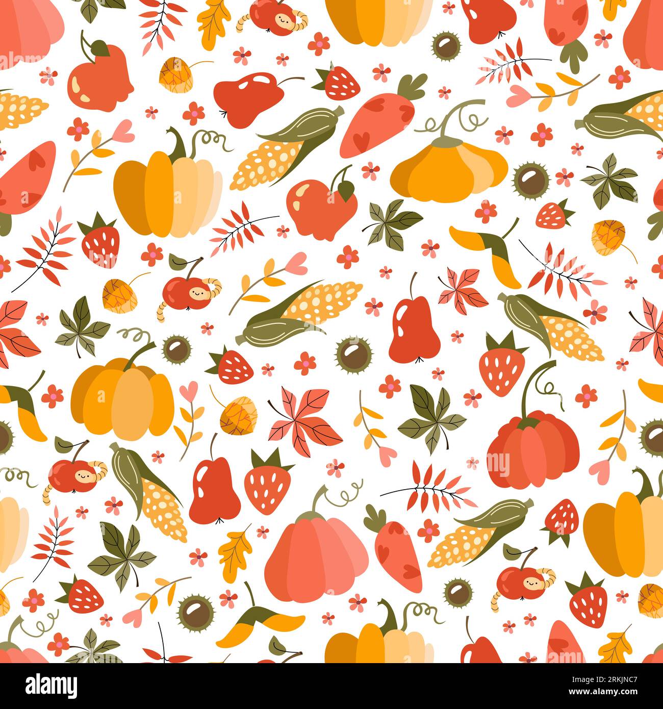 Harvest patern vector flat. Seamless pattern of colorful pumpkins, fruits, vegetables. Thanksgiving and Halloween Elements Illustrazione Vettoriale