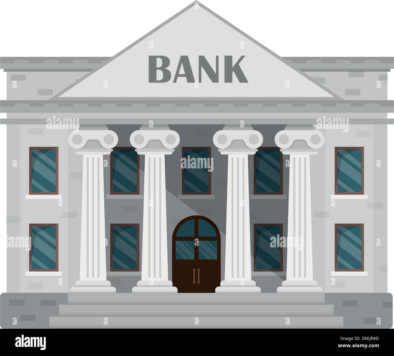 Icona di un edificio di banche in stile piatto. Illustrazione dei vettori del dipartimento di finanziamento su sfondo isolato. Tribunale con colonne che indicano il concetto di business. Illustrazione Vettoriale