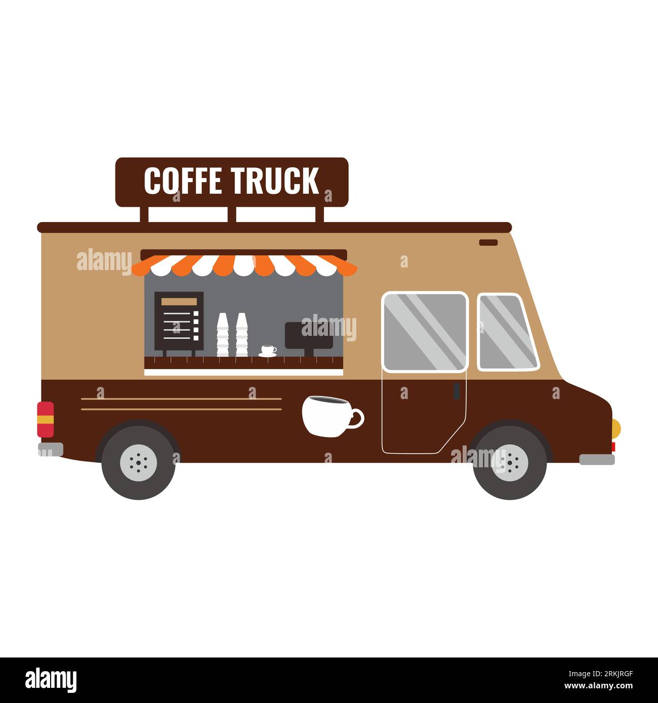 Design icona furgone Street Coffee. Caffè espresso, colazione, pausa caffè, cibo, camioncino. Consegna rapida. Illustrazione vettoriale in stile cartone animato piatto. Illustrazione Vettoriale Design icona furgone Street Coffee. Caffè espresso, colazione, pausa caffè, cibo, camioncino. Consegna rapida. Illustrazione vettoriale in stile cartone animato piatto. Illustrazione Vettoriale