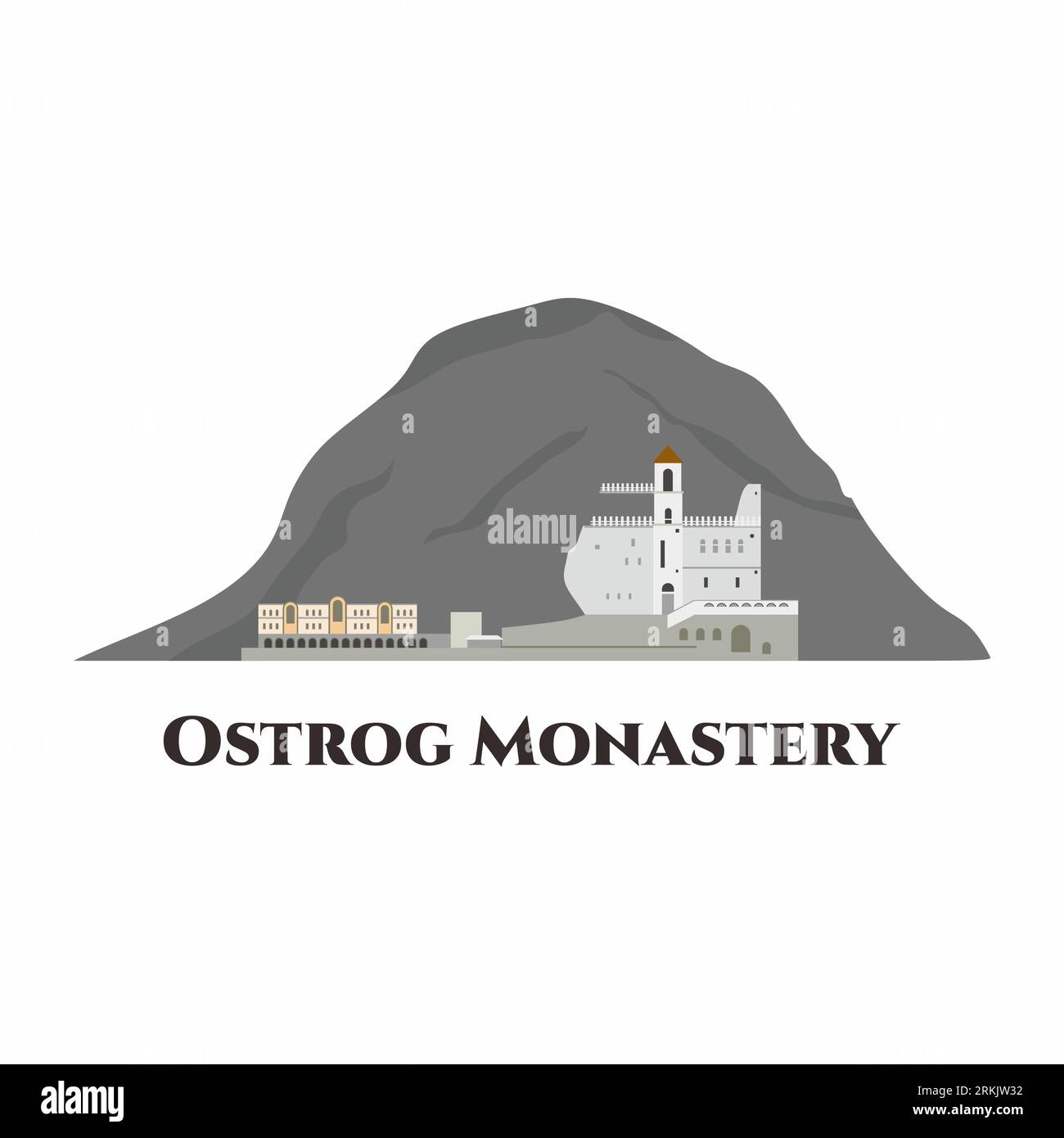 Il monastero di Ostrog. Ottima architettura e cultura. Una visita imperdibile. Viaggio in Montenegro, poster infografico, design del concetto di banner. Punto di riferimento cartoon Illustrazione Vettoriale