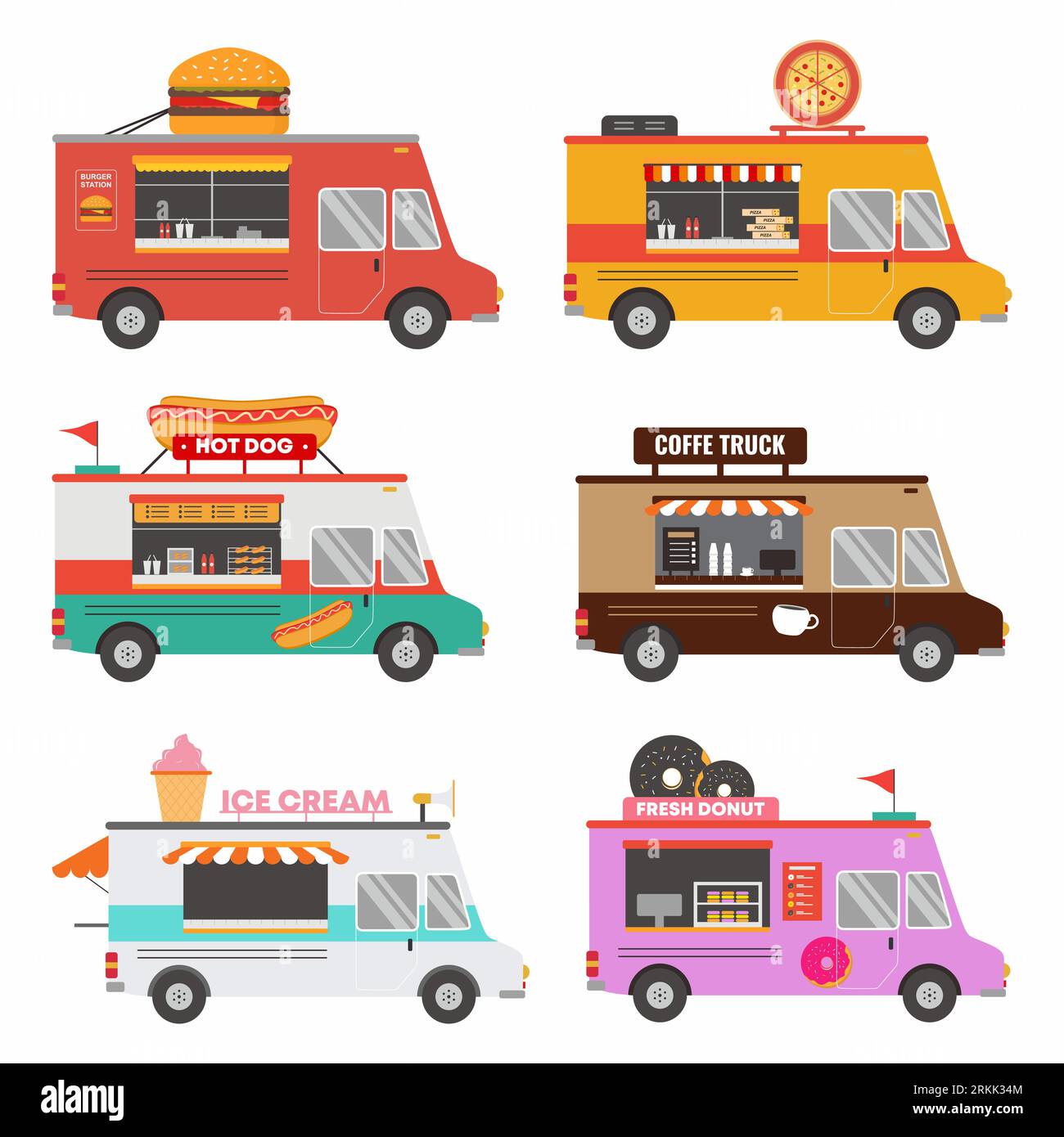 Collezione di fast food, pizze, hamburger, caffè, ciambelle, gelati, ecc. isolati su sfondo ingenuo. Furgone Street food. Serv. Consegna Illustrazione Vettoriale