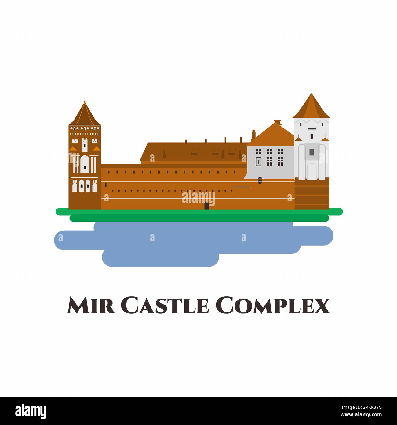 Icona piatta di Mir Castle. Il complesso del castello di Mir è uno storico castello fortificato e patrimonio dell'umanità dell'UNESCO in Bielorussia. Un posto magnifico Illustrazione Vettoriale