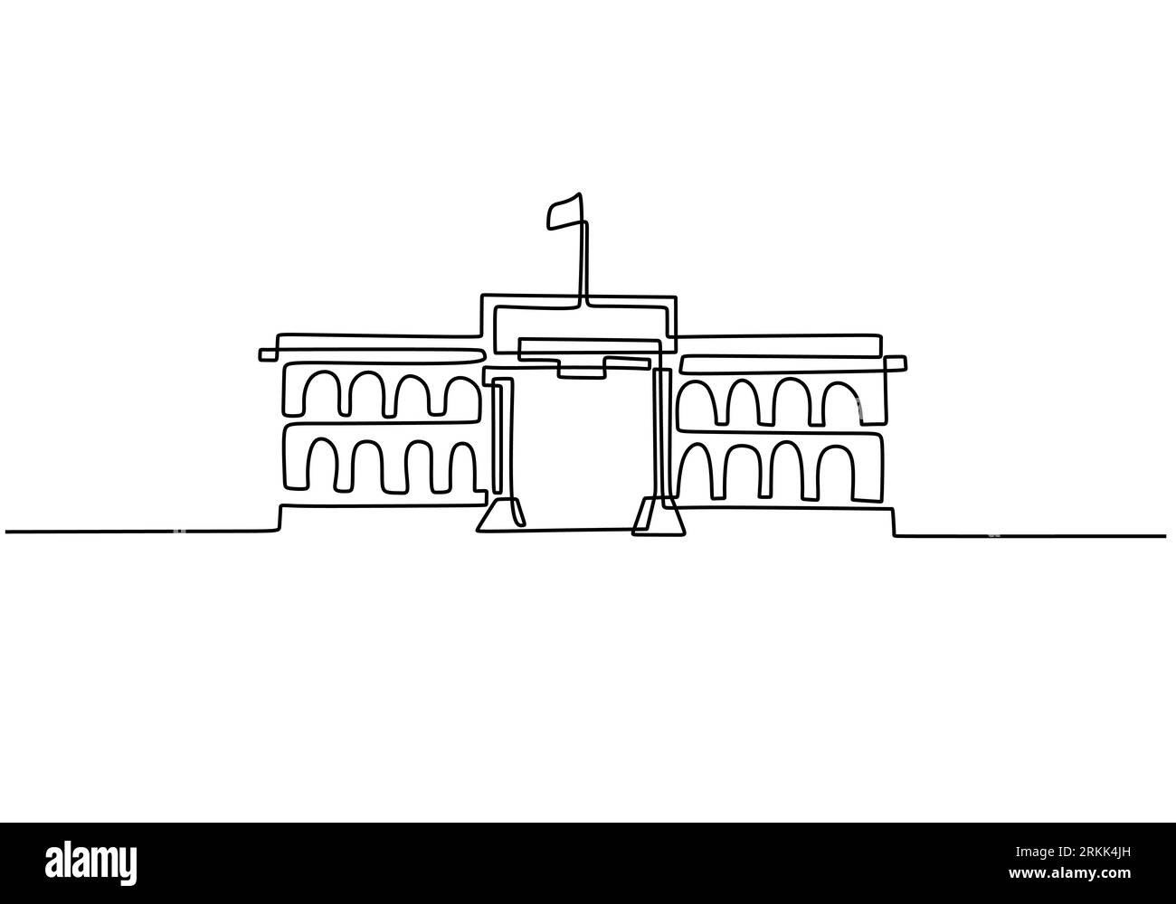 Edificio classico con colonne in continuo stile disegno a una linea. Architettura tipica per alloggi governativi, tribunali, università o musei. Illustrazione Vettoriale