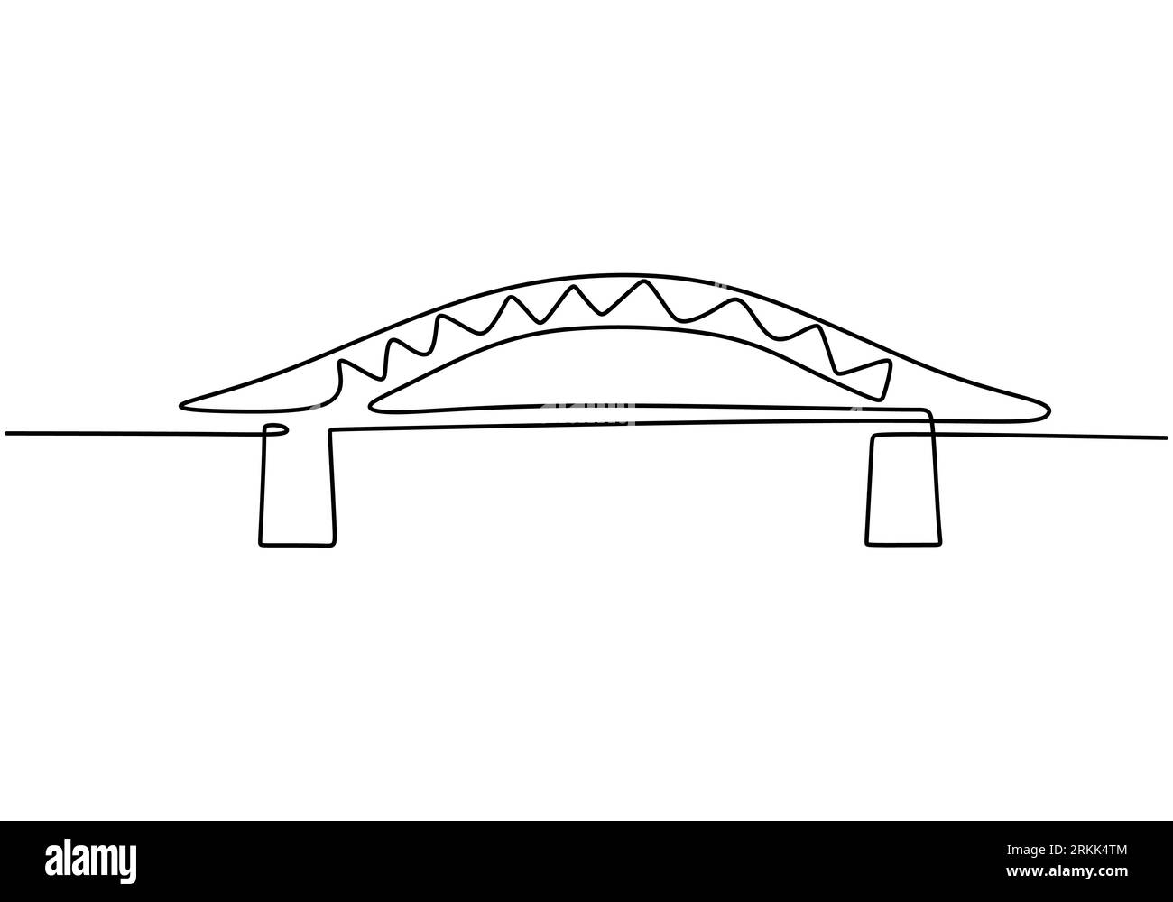 Ponte gigante sul fiume. Progettazione continua di un disegno a ponte su una linea. Semplice e moderno stile minimalista isolato su sfondo bianco. Illustrazione Vettoriale