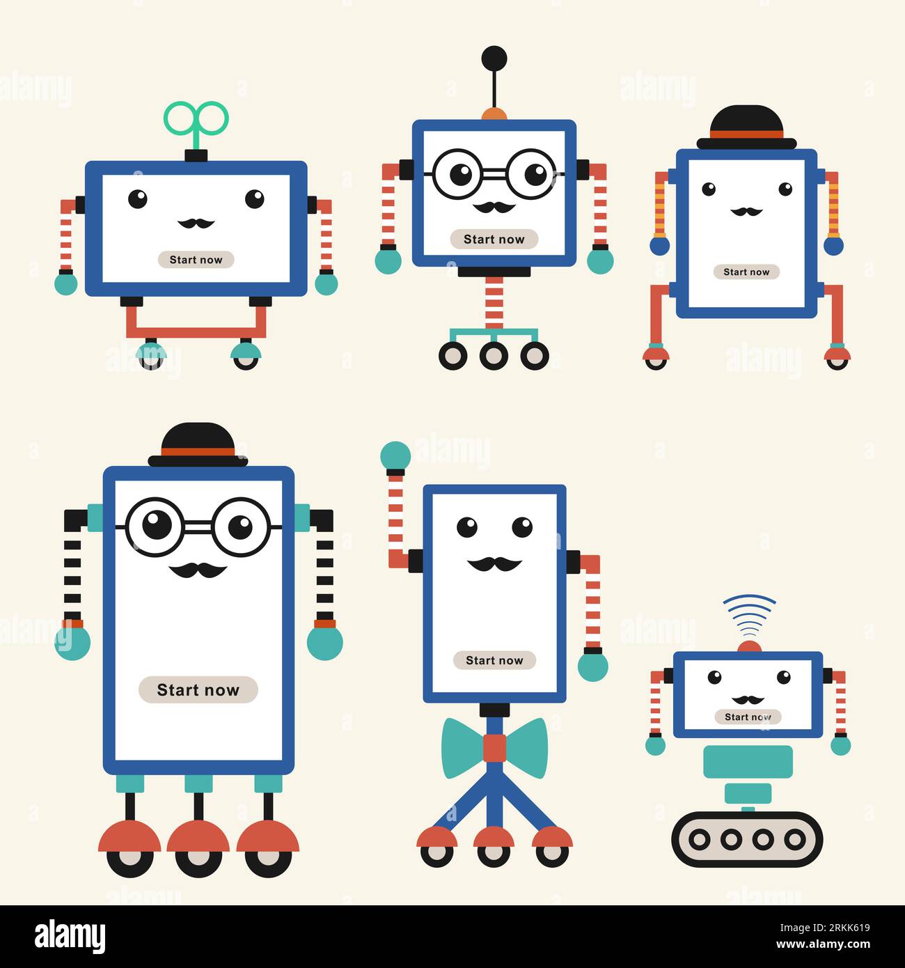 Set di graziosi robot vintage hipster isolati su sfondo bianco. Giocattolo robot per bambini. Robot moderni e fantastiche creature. Illustrazione vettoriale Illustrazione Vettoriale