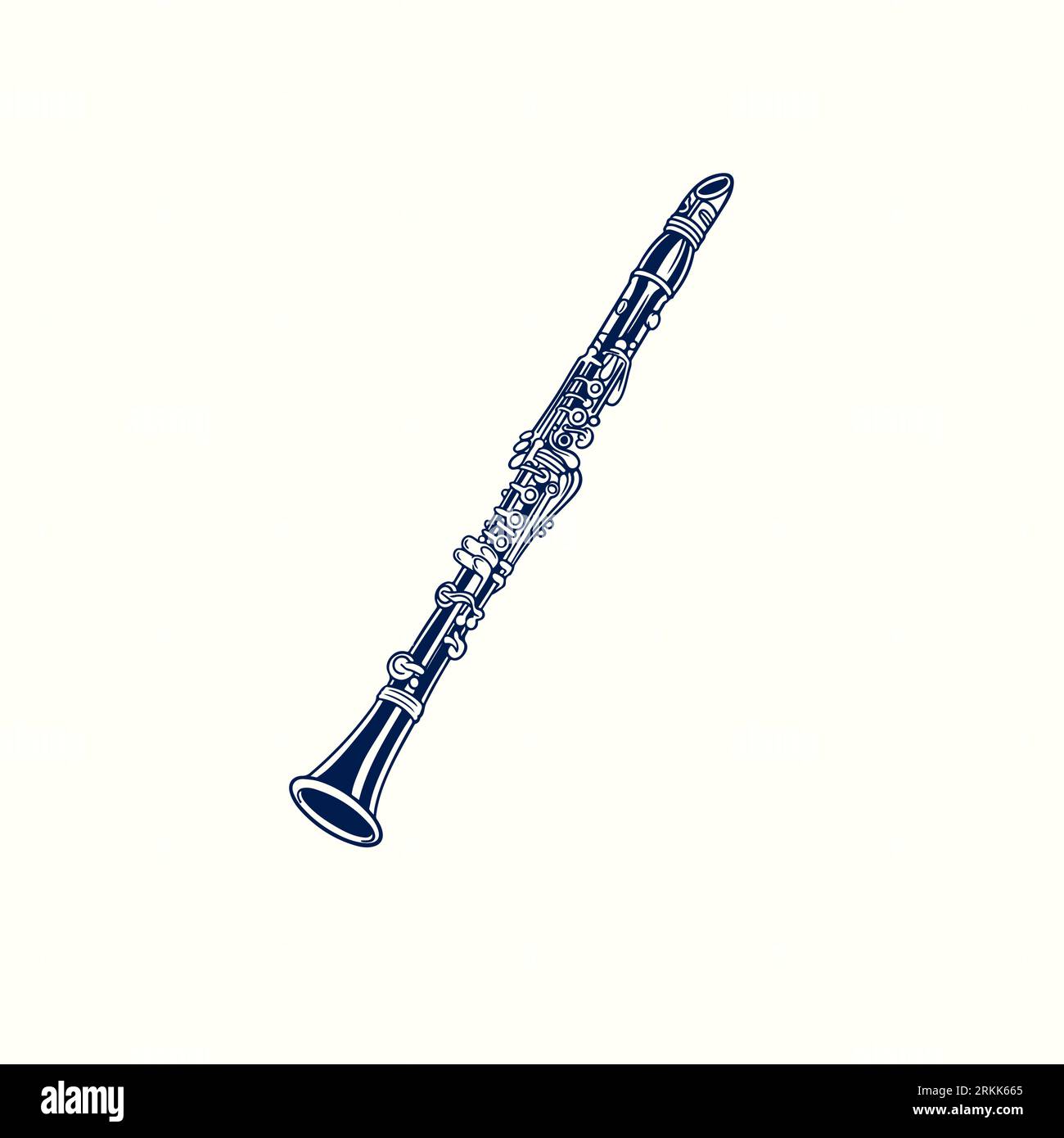 Illustrazione vettoriale disegnata a mano con un clarinetto che incide il vecchio stile vintage. Strumento musicale isolato su sfondo bianco. Strumenti di musica a fiato concep Illustrazione Vettoriale