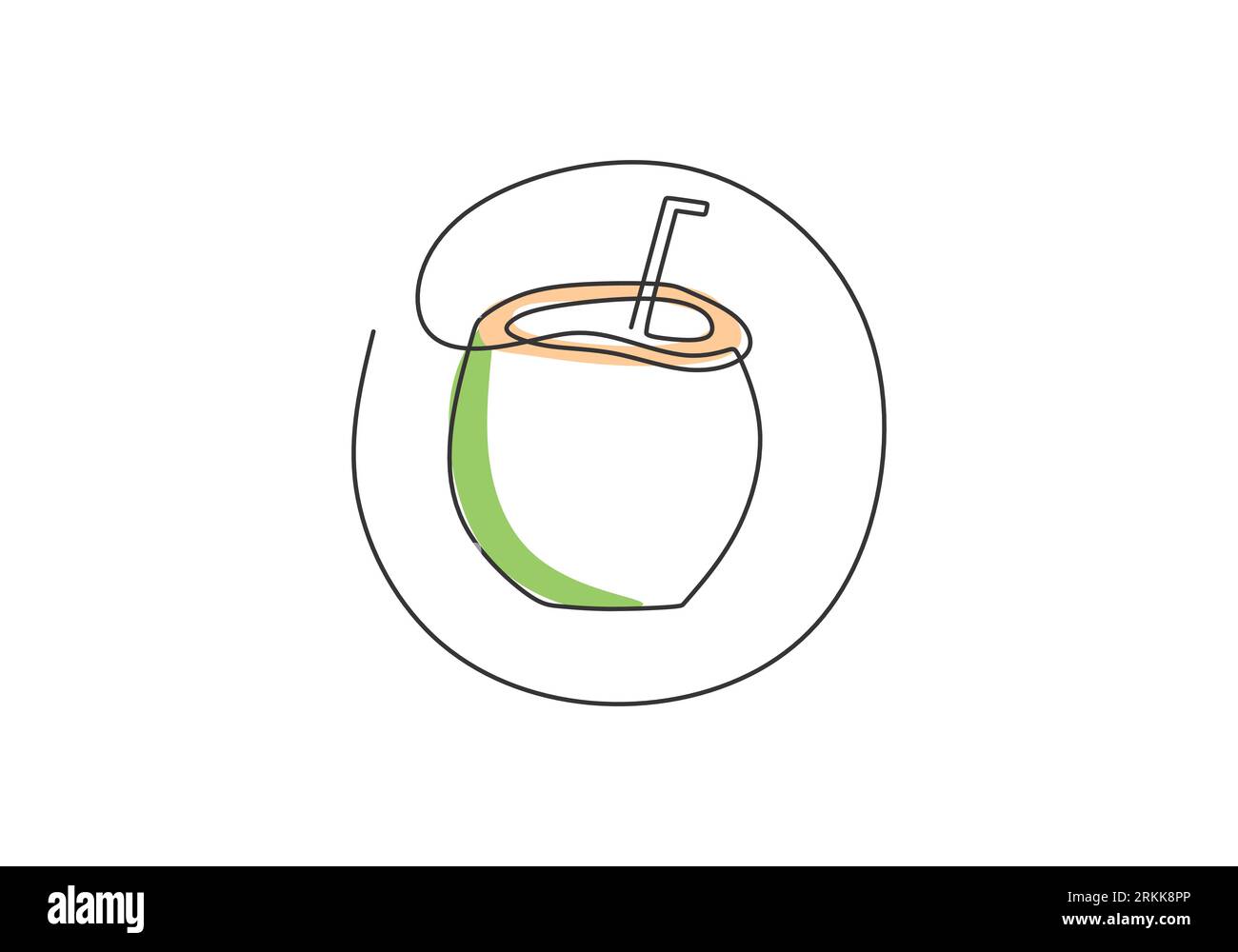 Una linea continua disegnando intero e affettato sano cocco organico. Concetto fruttato fresco per l'icona del frutteto. Sana bevanda estiva. isola vettoriale Illustrazione Vettoriale