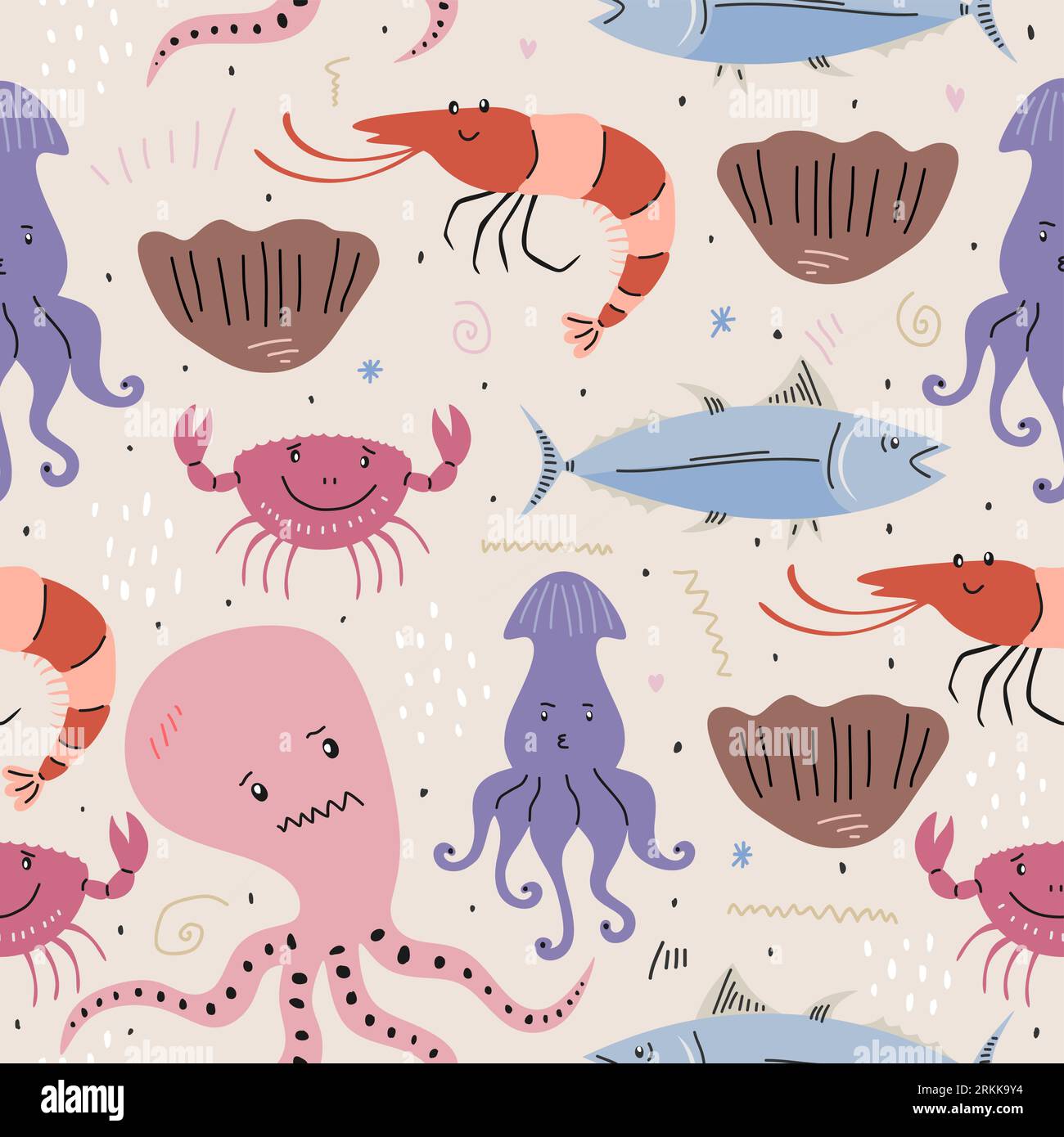 Hand drawn of seafood or sea animals seamless pattern Illustrazione Vettoriale