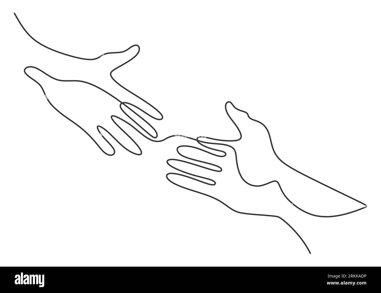 Disegno lineare continuo di due mani che si toccano appena l'una con l'altra. Semplice schizzo di due mani isolate su sfondo bianco. Persone che collegano ogni othe Illustrazione Vettoriale