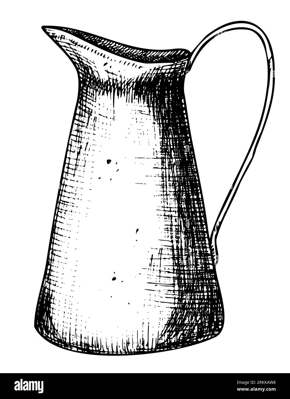 Caraffa rustica in metallo. Illustrazione vettoriale disegnata a mano di vaso retrò per fiori o liquidi su sfondo bianco isolato. Disegno di una caraffa vintage per icona o logo dipinto da inchiostri neri in stile contorno. Illustrazione Vettoriale