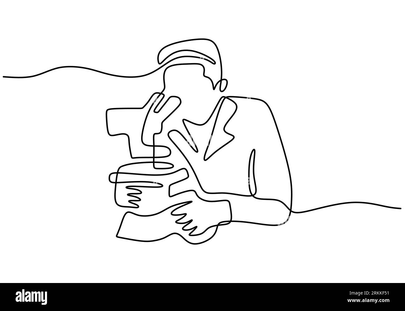 Un disegno continuo di due donne scienziate maschili che guardano attraverso il microscopio in laboratorio. Ricercatore professionista che fa esperimenti isolati Illustrazione Vettoriale