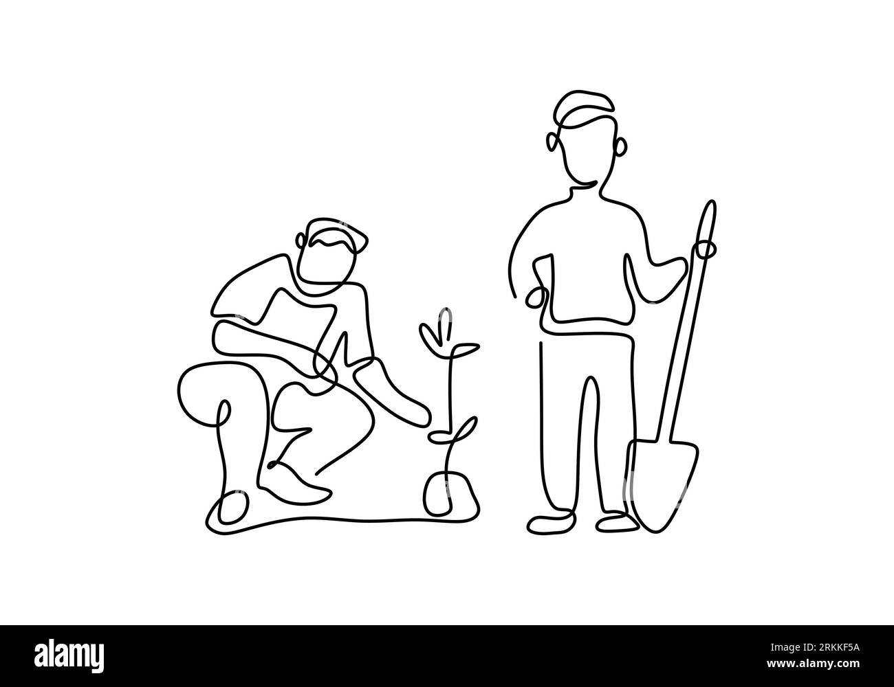 Un'unica linea che disegna due persone che scavano terreno utilizzando una pala per piantare una pianta nel giardino domestico. Ambiente Earth Day linea singola art design minimalista Illustrazione Vettoriale