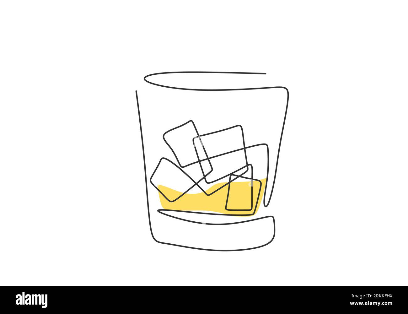 Un bicchiere di whisky con cubetti di ghiaccio, design minimalista a linea singola isolato su sfondo bianco. Bar e ristorante minimalista de Illustrazione Vettoriale