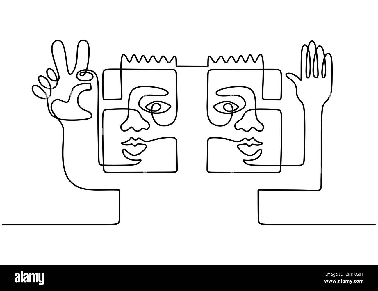 Una faccia astratta con disegno a linea continua. Contorno estetico in stile tribale etnico isolato su sfondo bianco. Ottimo per l'arredamento domestico come i poster Illustrazione Vettoriale