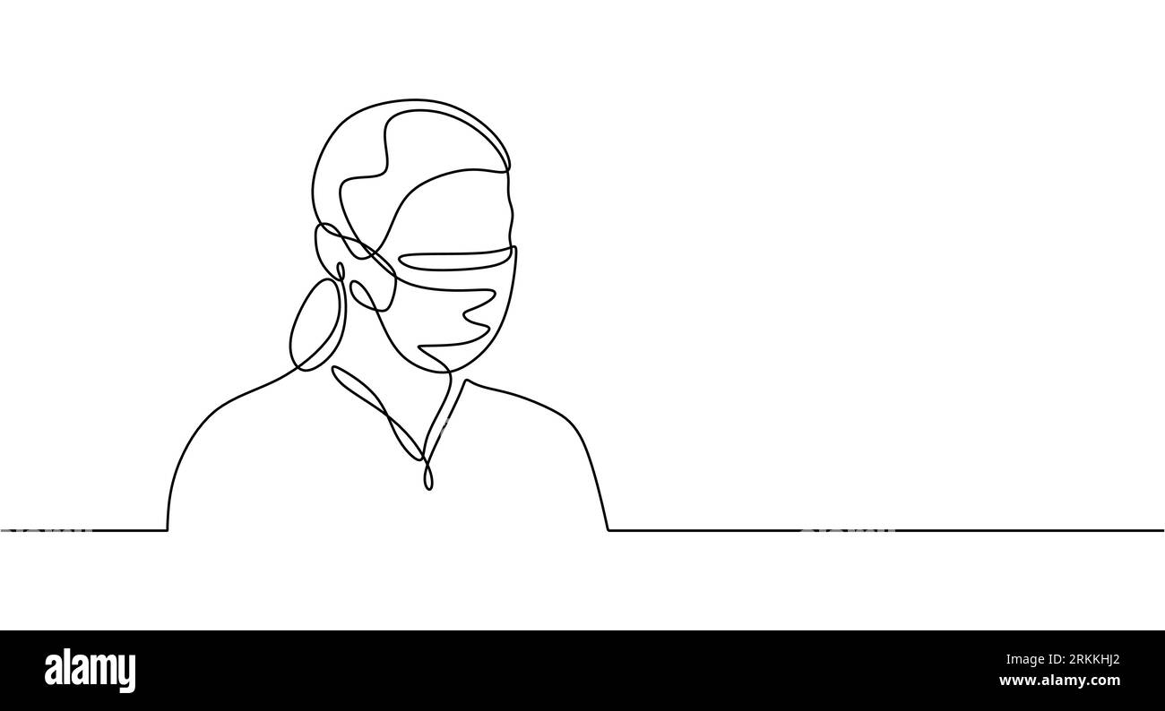 Una linea continua di donna che utilizza la maschera chirurgica per prevenire la covid 19 isolata su sfondo bianco. Illustrazione Vettoriale