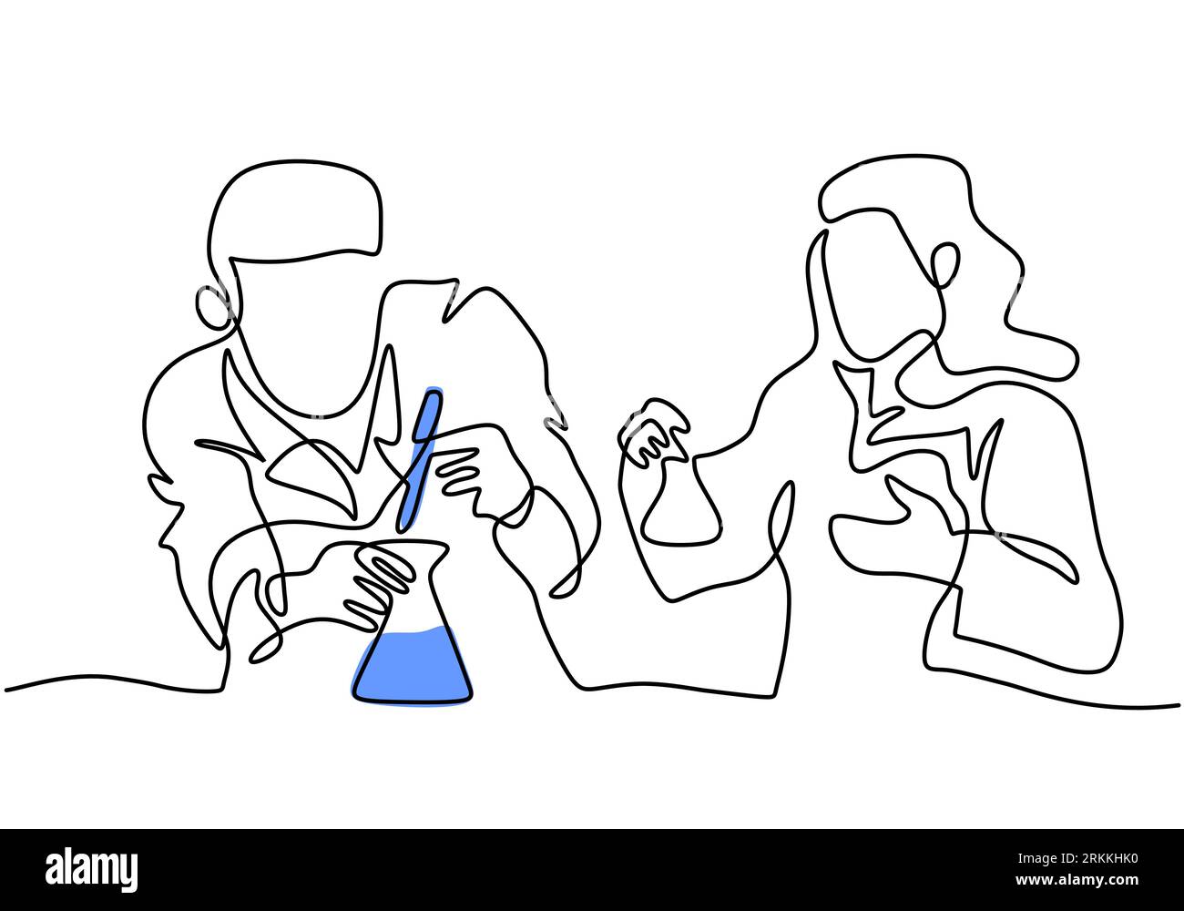 Disegno continuo a linea singola di scienziati femminili e maschili che sperimentano la progettazione minimalista di laboratorio. Ricerca medica concetto COVID-19. VECTO Illustrazione Vettoriale