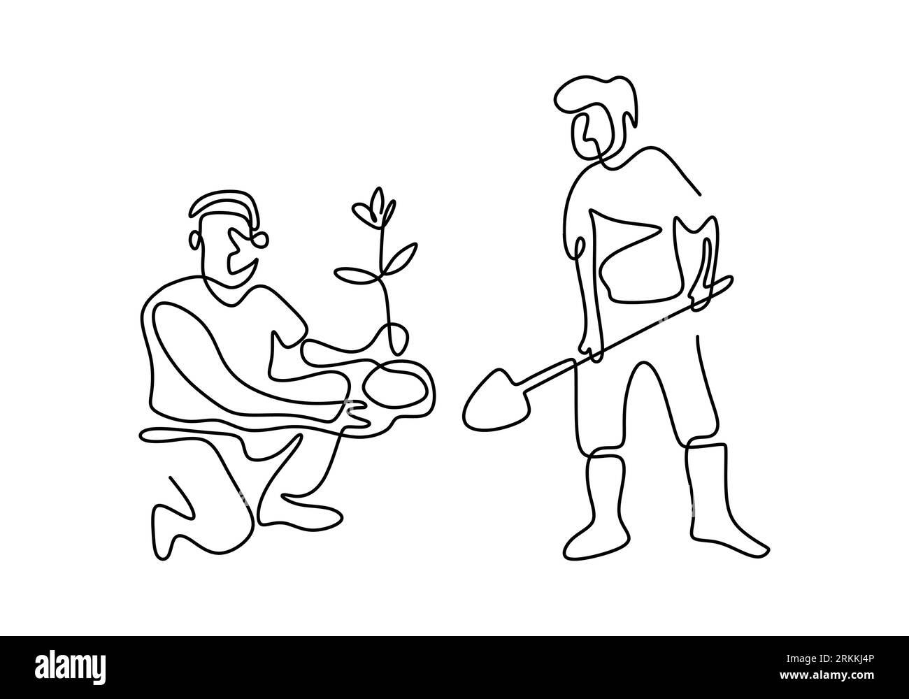 Un'unica linea che disegna due persone che scavano terreno utilizzando una pala per piantare una pianta nel giardino domestico. Ambiente Earth Day linea singola art design minimalista Illustrazione Vettoriale